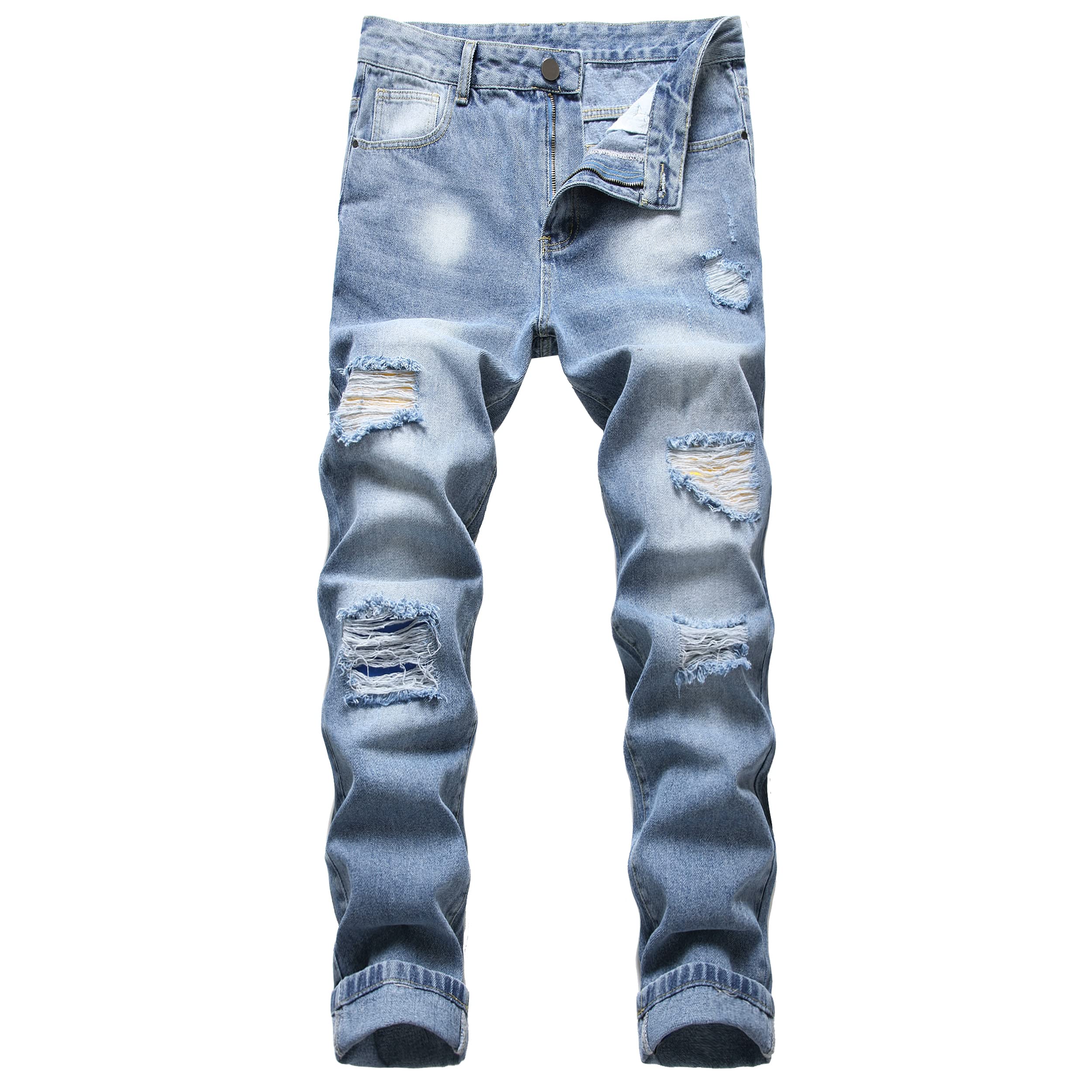 DANT BULUN Men's Ripped Distressed Destroyed Slim Fit Straight Leg Denim Jeans