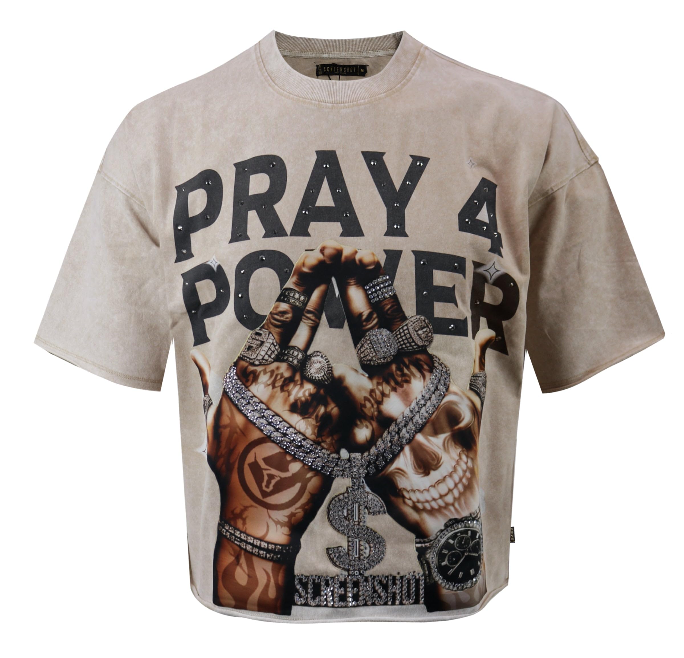 SCREENSHOT Mens Oversized Heavyweight Premium 260GSM 100% Cotton Cropped Boxy Streetwear Fit Rhinestone Designer Tee