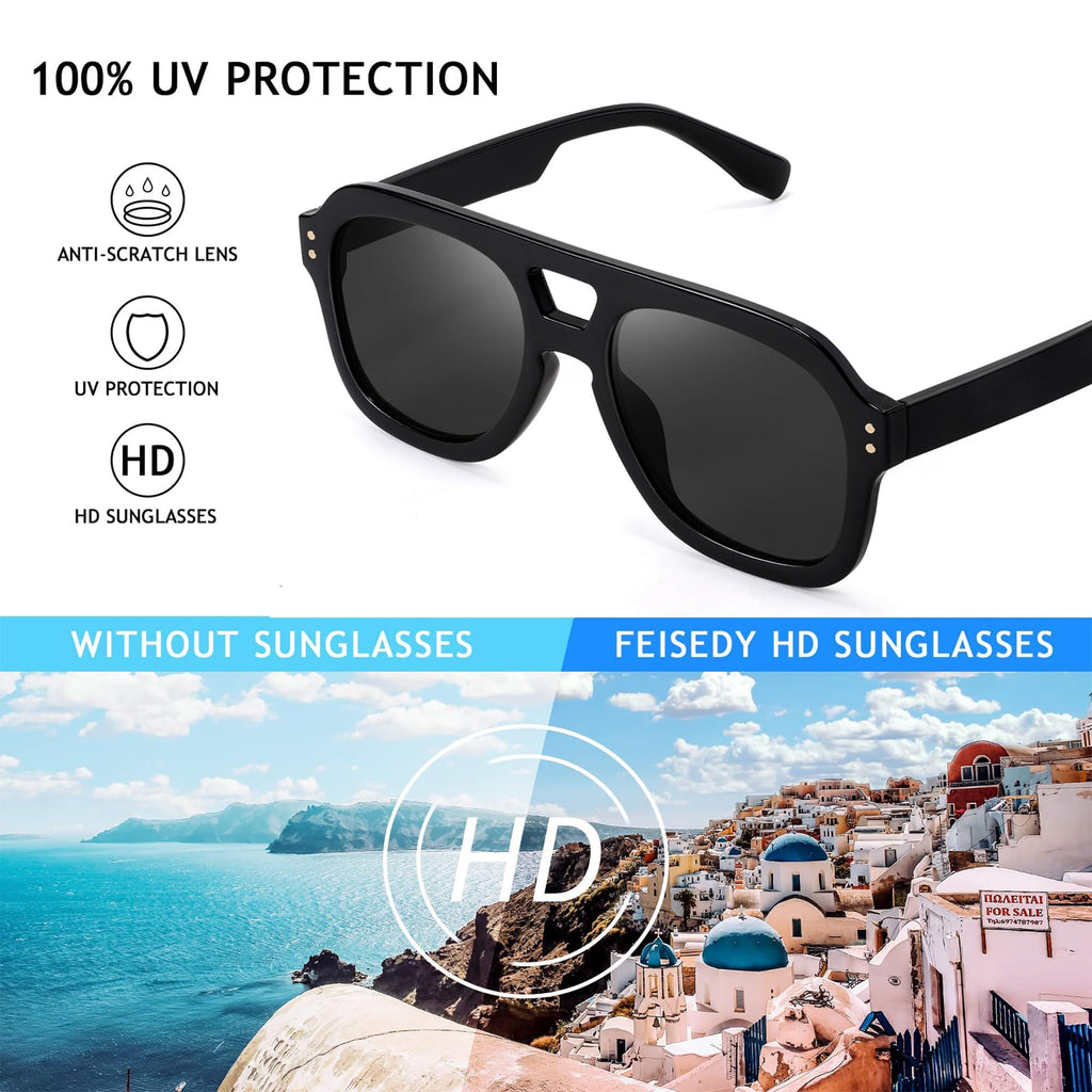 FEISEDY Vintage Aviator Sunglasses Double Bridge Women Men Large Square Thick Frame Trendy Eyewear UV400 B2846
