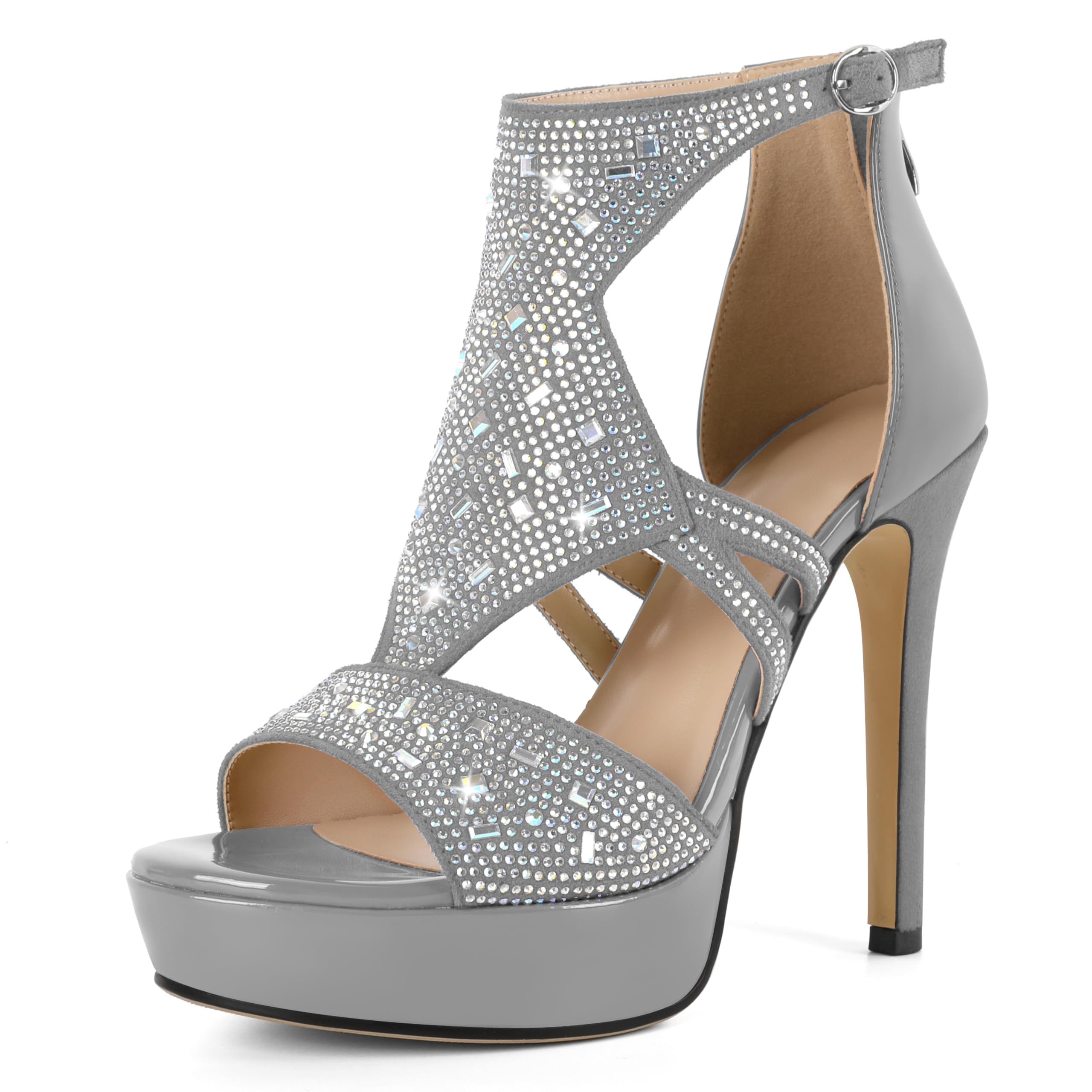 Eldof High Heeled Sandals for Women, Open Toe Strappy Platform Sandals, Cutout Gladiator Heels with Rinestones, Pumps Shoes for Dress Party Evening Summer