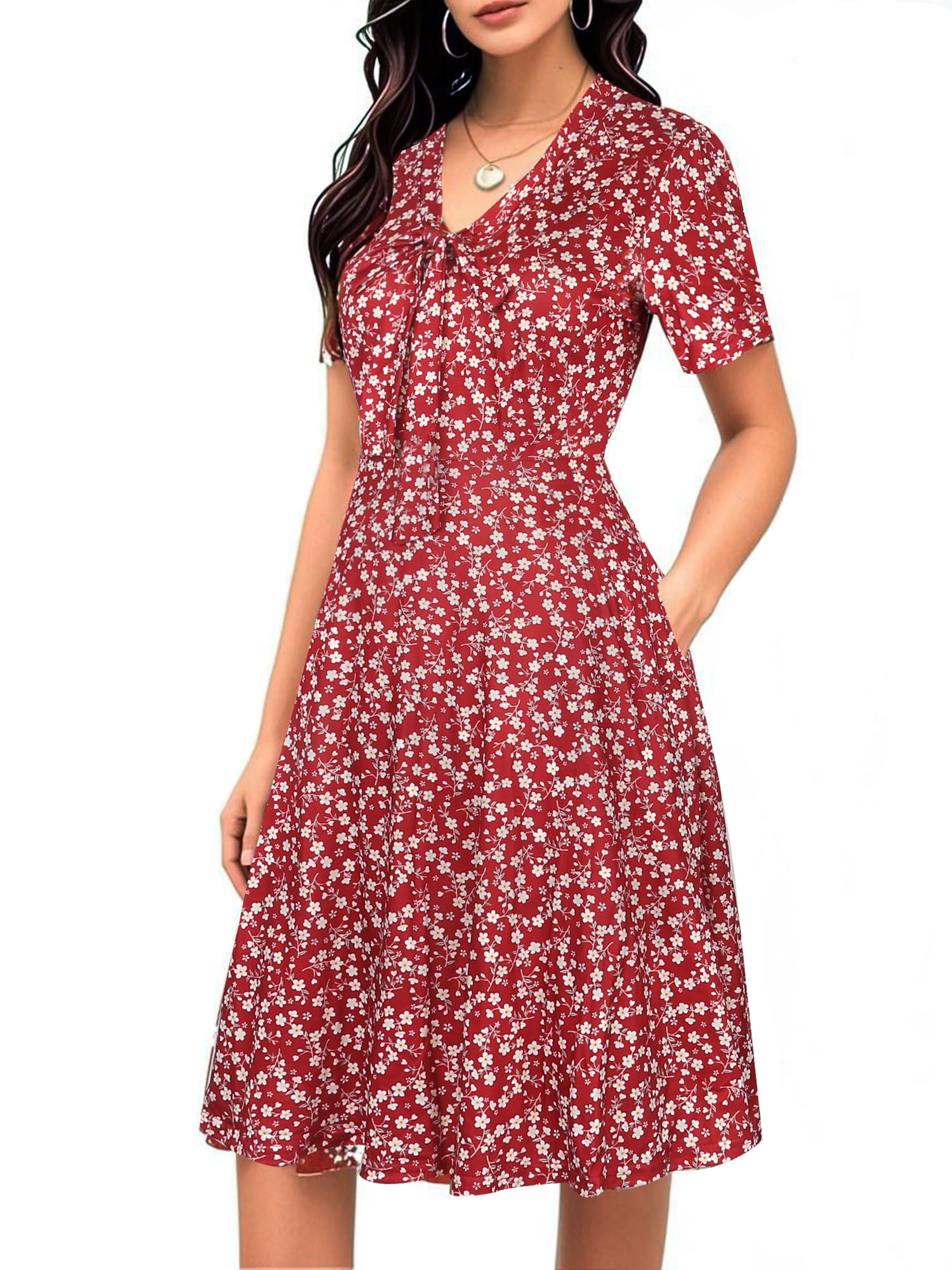 oxiuly Women's Vintage Bow Tie V-Neck Pockets Casual Work Party Cocktail Swing A-line Dresses OX278