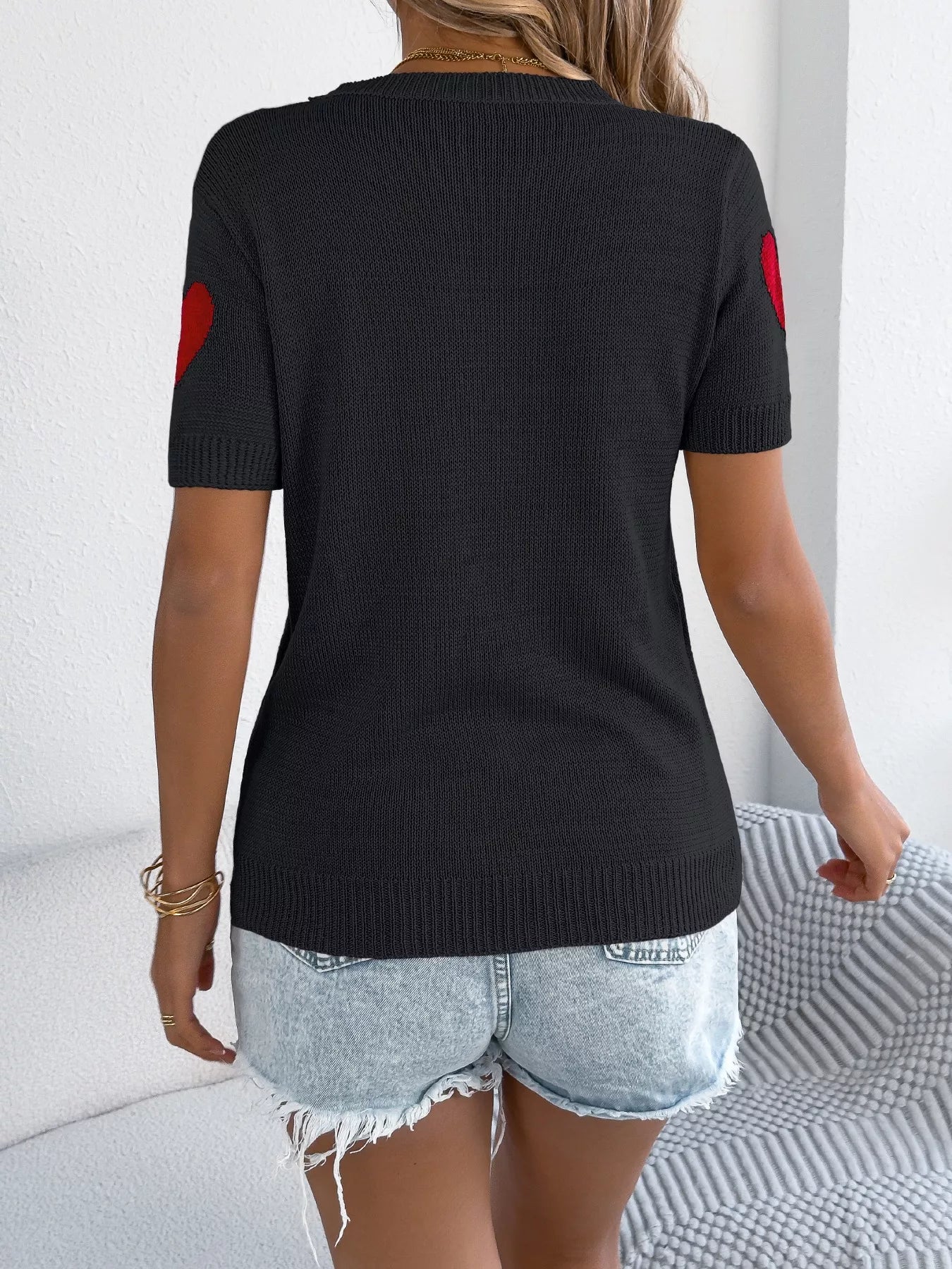 Women's Cream Heart Pattern Short Sleeve Knit Sweater Top