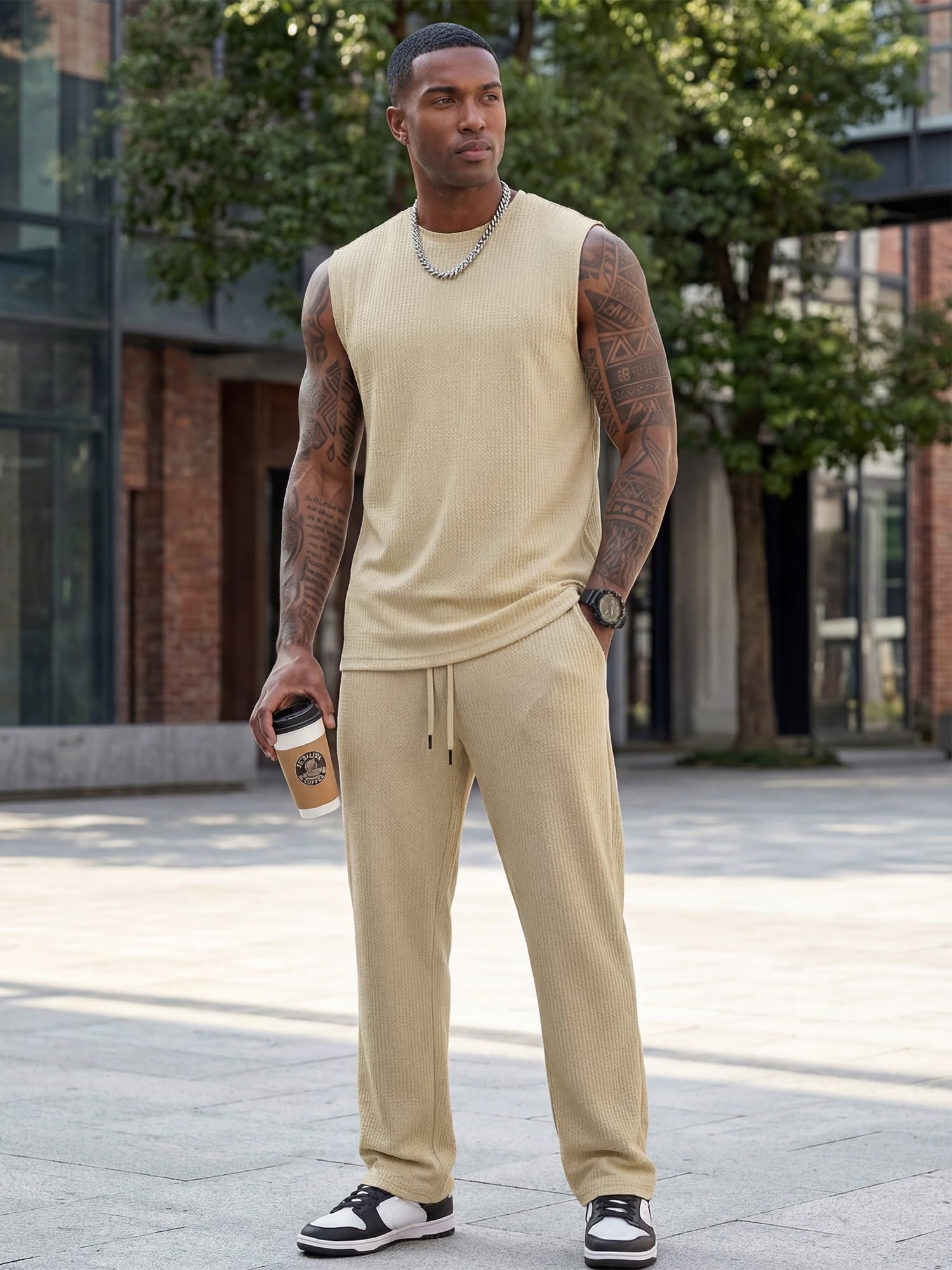 JMIERR Men Fashion 2 Piece Set Casual Muscle Tank Baggy Pants Stretch Textured Beach Street HipHop Sleeveless Shirts