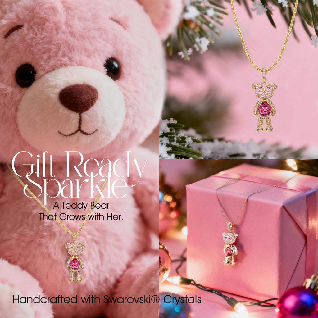 Swarovski Crystal Teddy Bear Necklace, White Gold Plated, Playful Movable Design, Sweet Warmth & Love Symbol Jewelry Gift for Women Teens Girls, Gift-Ready Packaging