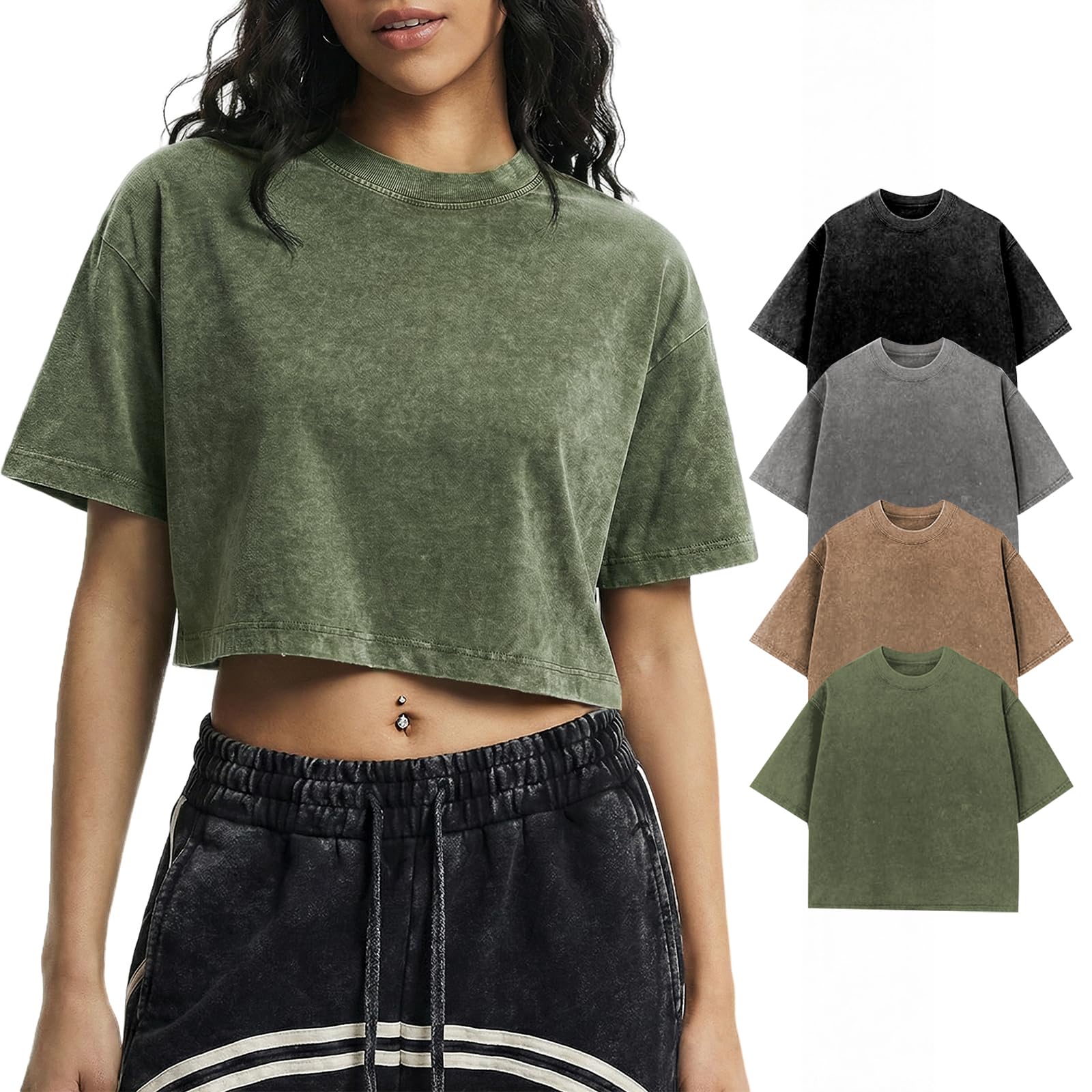 Gihuo Cropped T Shirts for Women Vintage Tees Acid Wash Crop T-Shirts Oversized Cotton Tshirt