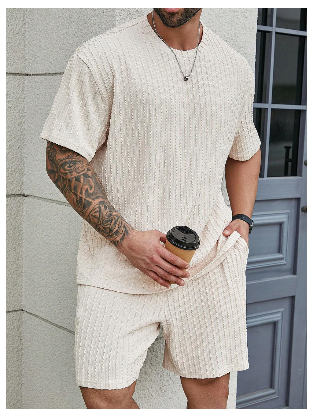 RoseSeek Men's Big and Tall 2 Piece Summer Outfits Textured Drop Shoulder T Shirt and Short Sets Tracksuit