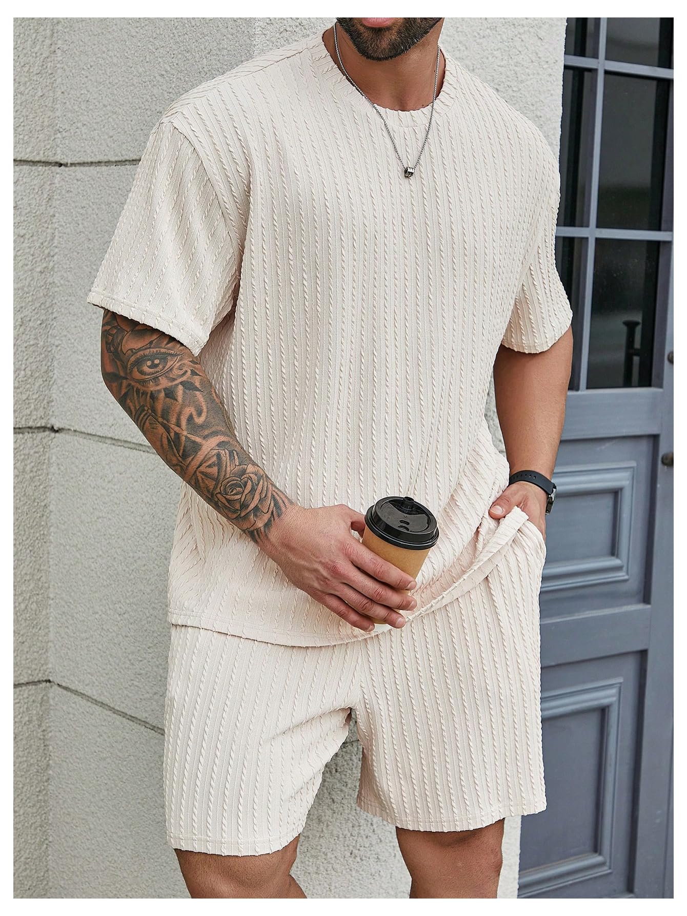 RoseSeek Men's Big and Tall 2 Piece Summer Outfits Textured Drop Shoulder T Shirt and Short Sets Tracksuit