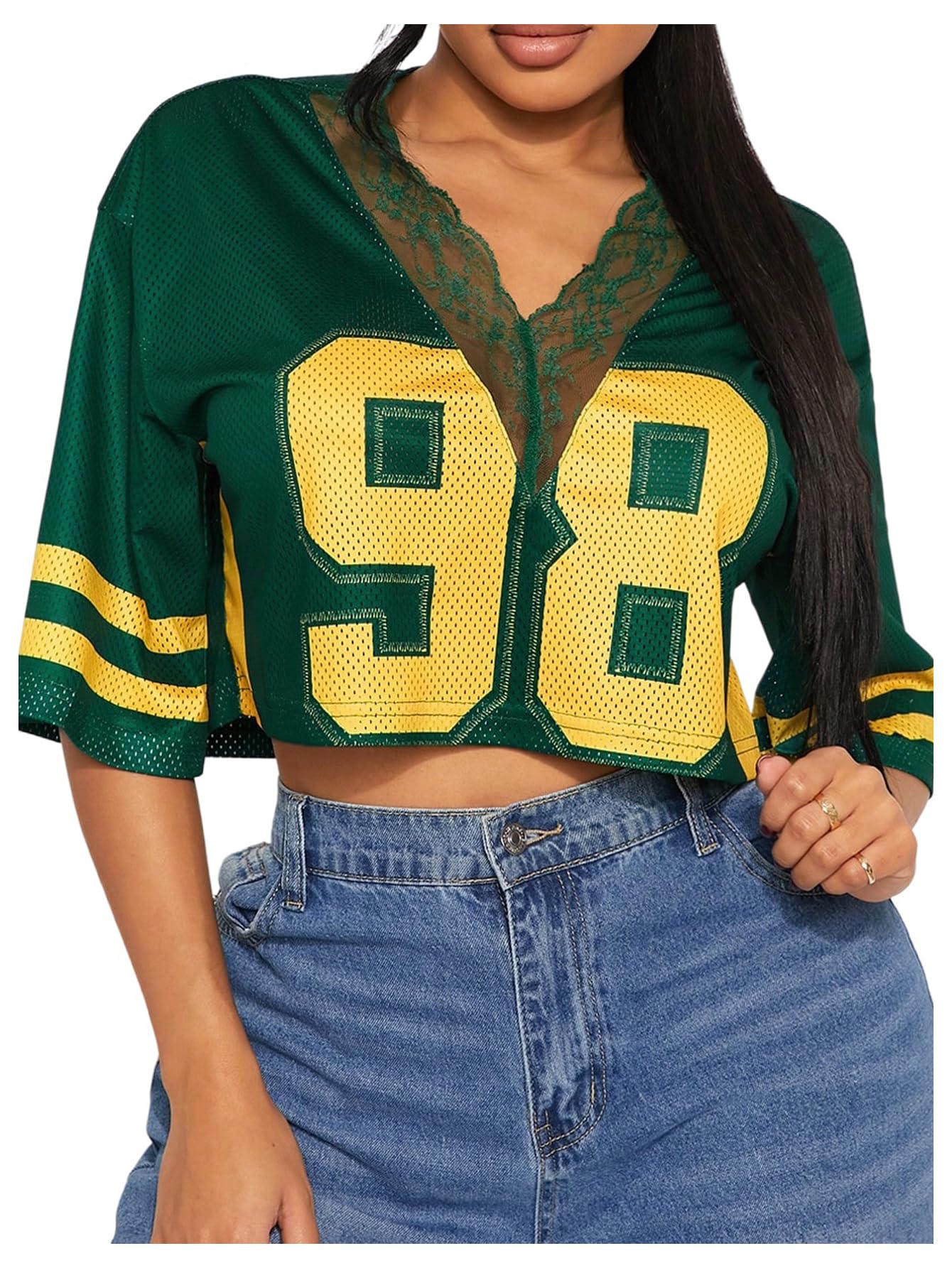 SOLY HUX Women's Number Graphic Tees Lace V Neck Half Sleeve Crop Tops Jersey Shirt Y2k Streetwear