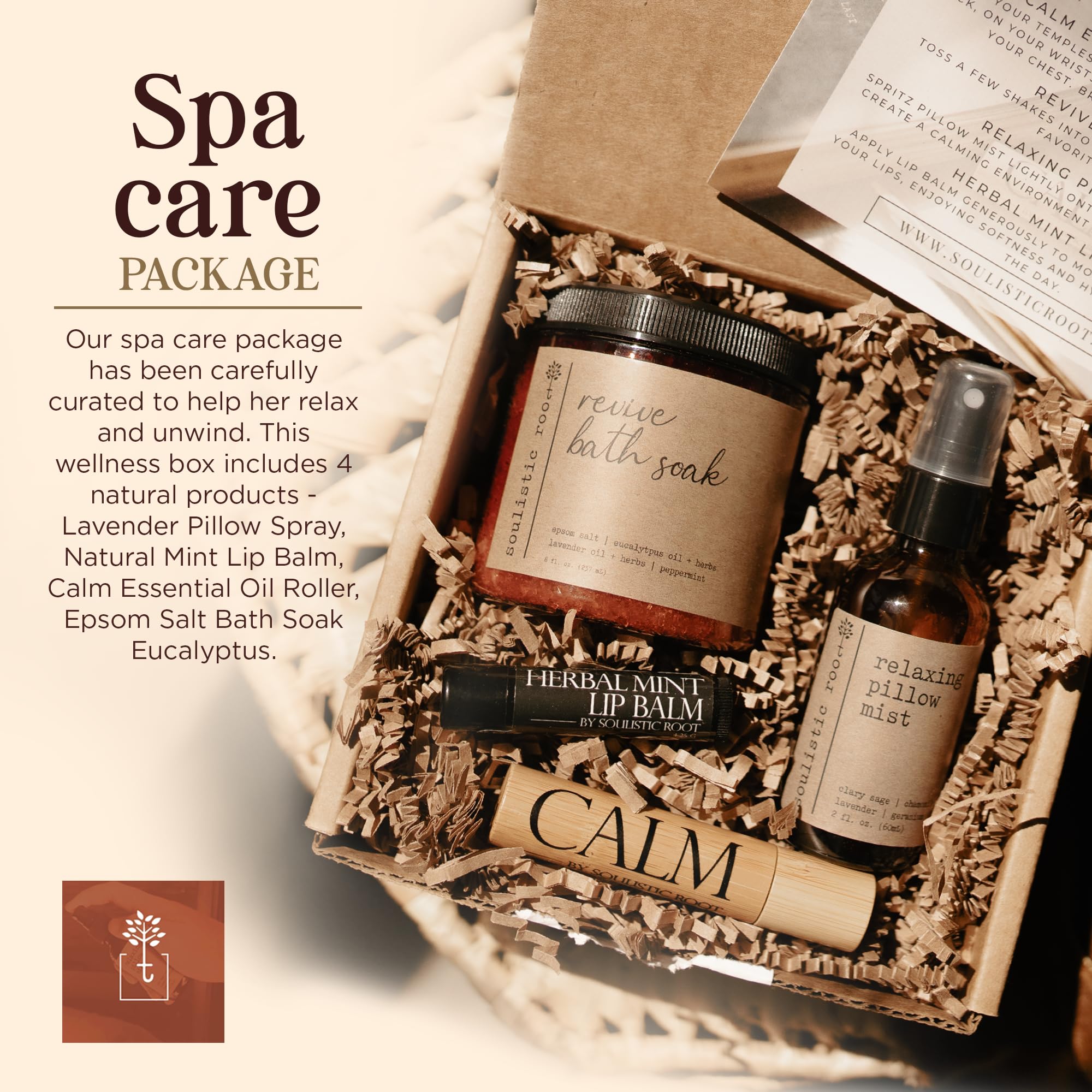 SOULISTIC ROOT Self-Care Set - Luxury Spa Bath Kit, Pillow Mist, Cooling Lip Balm, Tranquil Essential Oil Roller & Epsom Salt Bath Soak Pampering Package, Holistic Gifts for Him & Her
