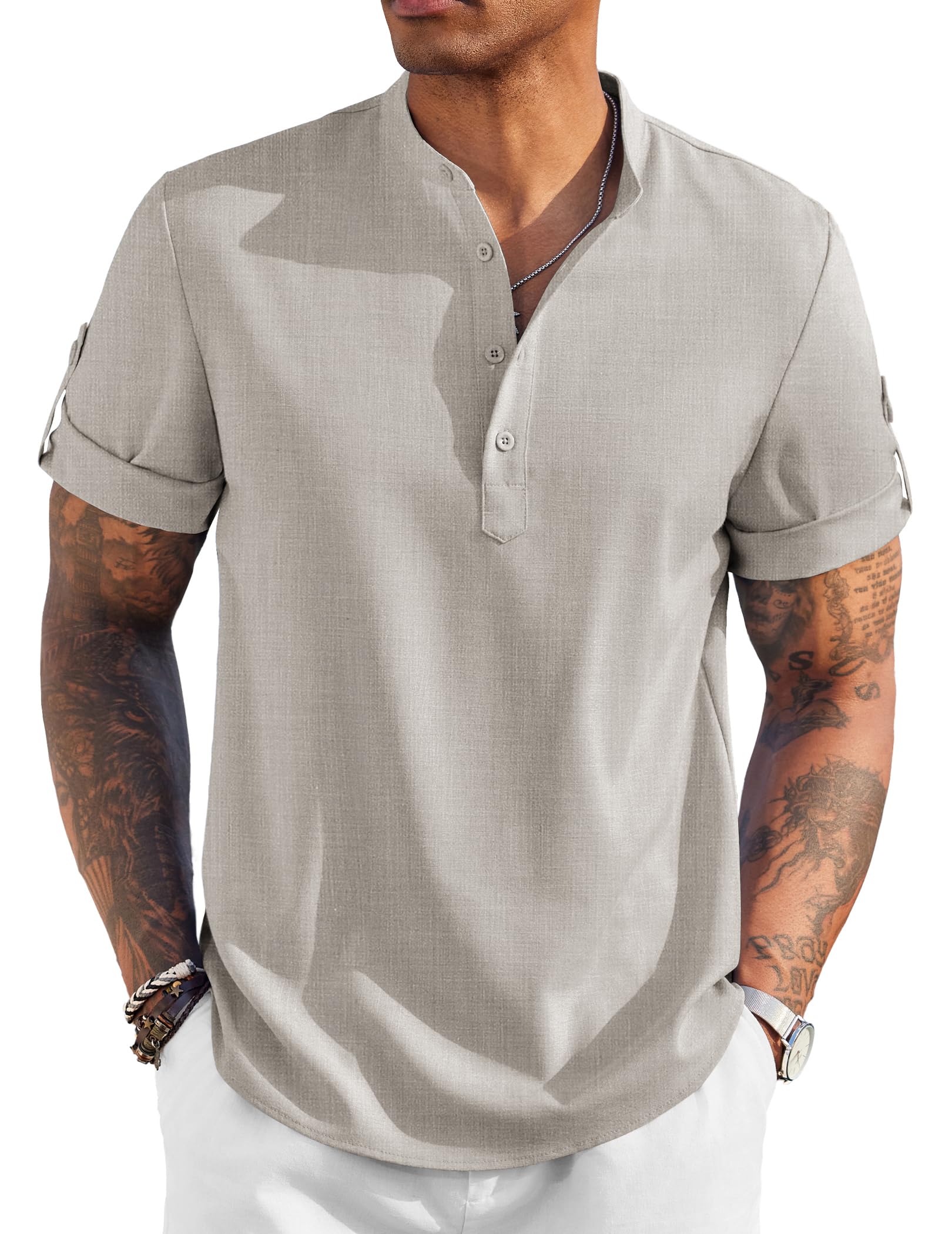 COOFANDY Men's Casual Henley Shirt Short Sleeve Band Collar Linen Shirt Summer Beach Hippie T-Shirts