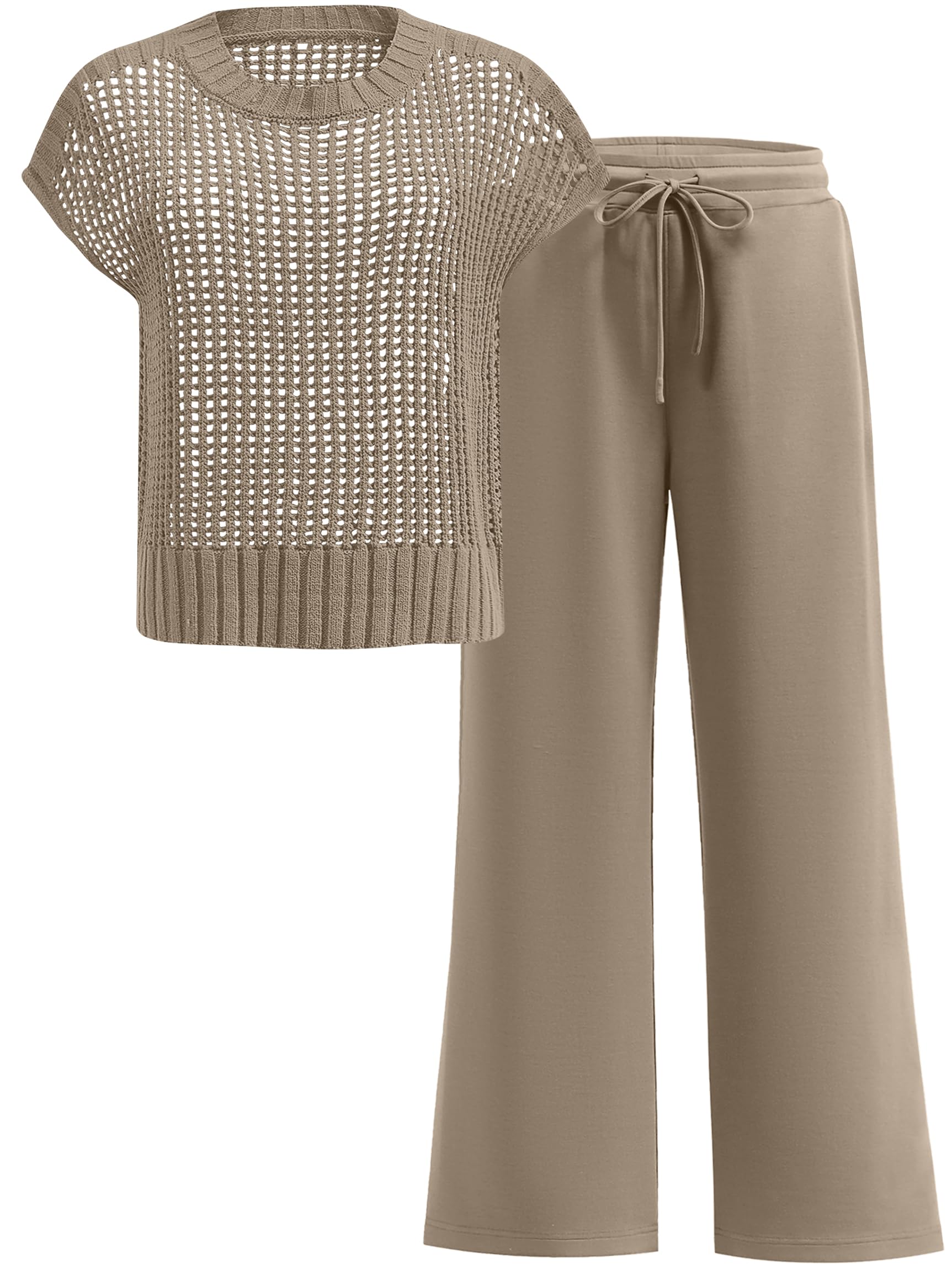 ANRABESS Women Two Piece Outfits Crochet Sheer Knit Sweater Top Wide Leg Pants Lounge Matching Sets Sweatsuit Travel Clothes