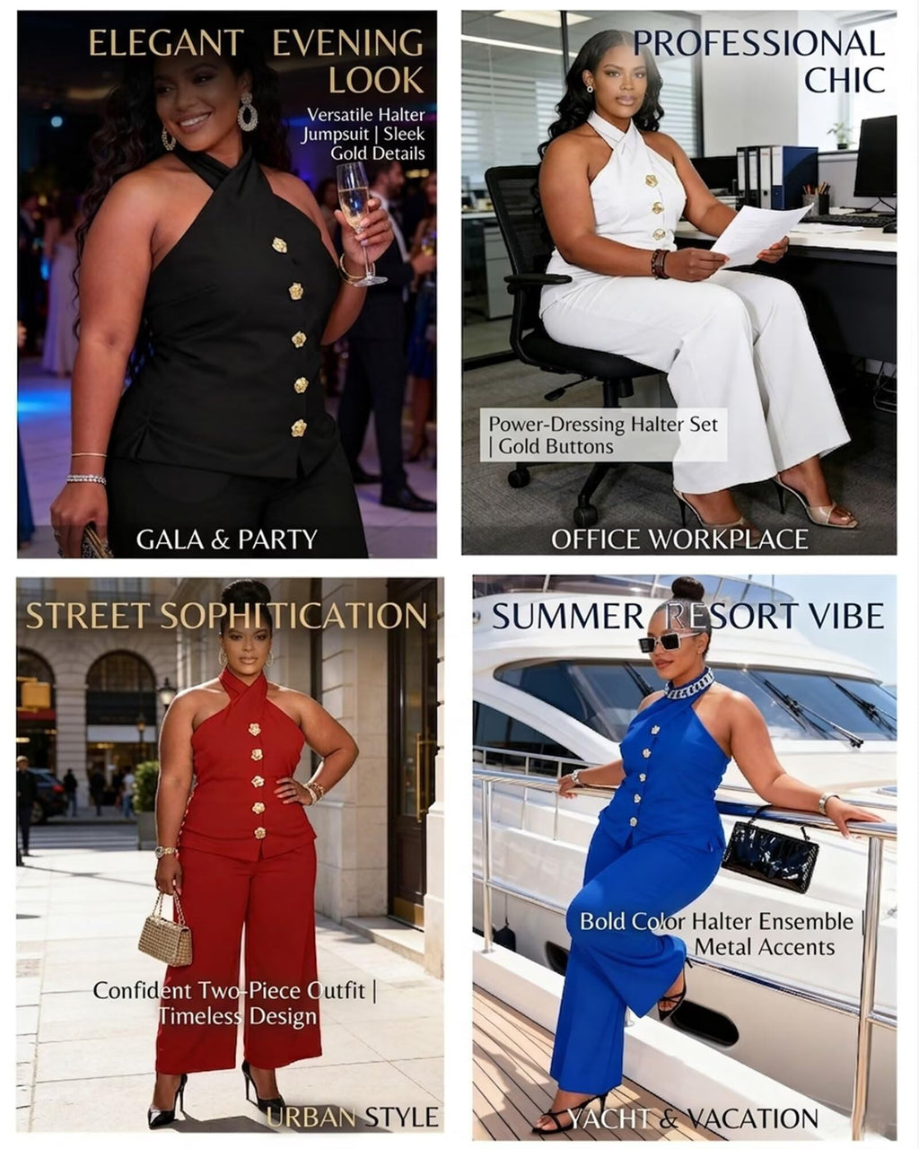 Womens Plus Size Two Piece Outfits Summer Button Halter Neck Vest Tank Tops Wide Leg Pants Suit Matching Sets