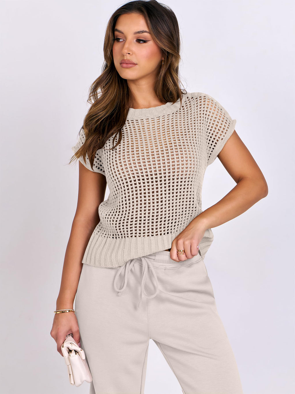ANRABESS Women Two Piece Outfits Crochet Sheer Knit Sweater Top Wide Leg Pants Lounge Matching Sets Sweatsuit Travel Clothes