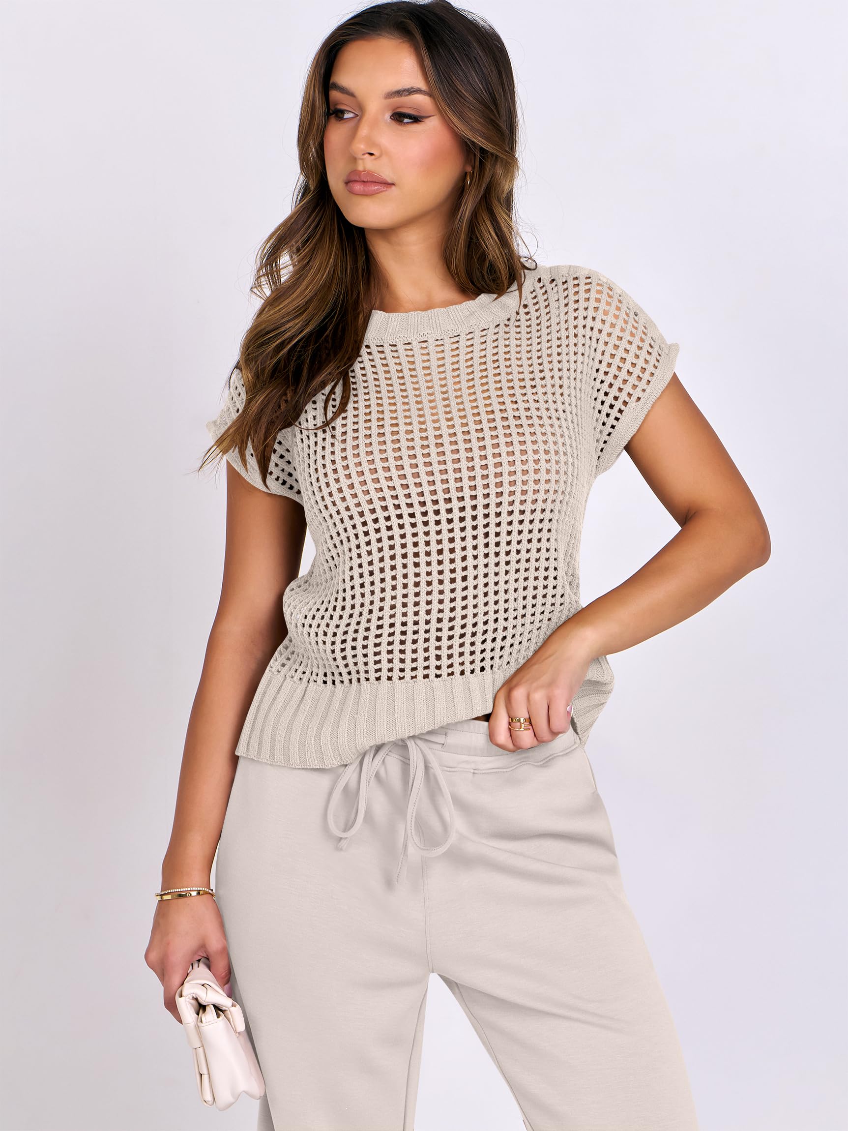 ANRABESS Women Two Piece Outfits Crochet Sheer Knit Sweater Top Wide Leg Pants Lounge Matching Sets Sweatsuit Travel Clothes