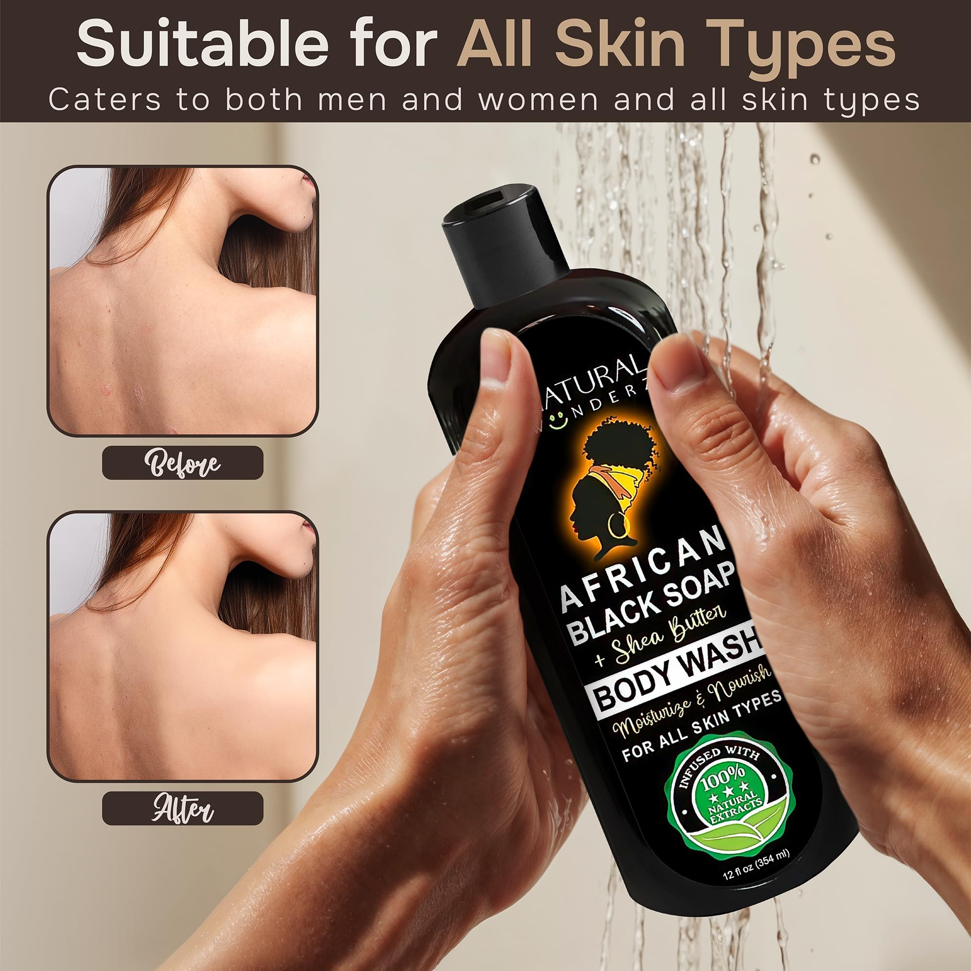 African Black Soap and Shea Butter Body Wash, Shower Gel, Promotes Acne Treatment, Contains All Natural Extracts, Vegan, and Sulfate-Free Body Scrub