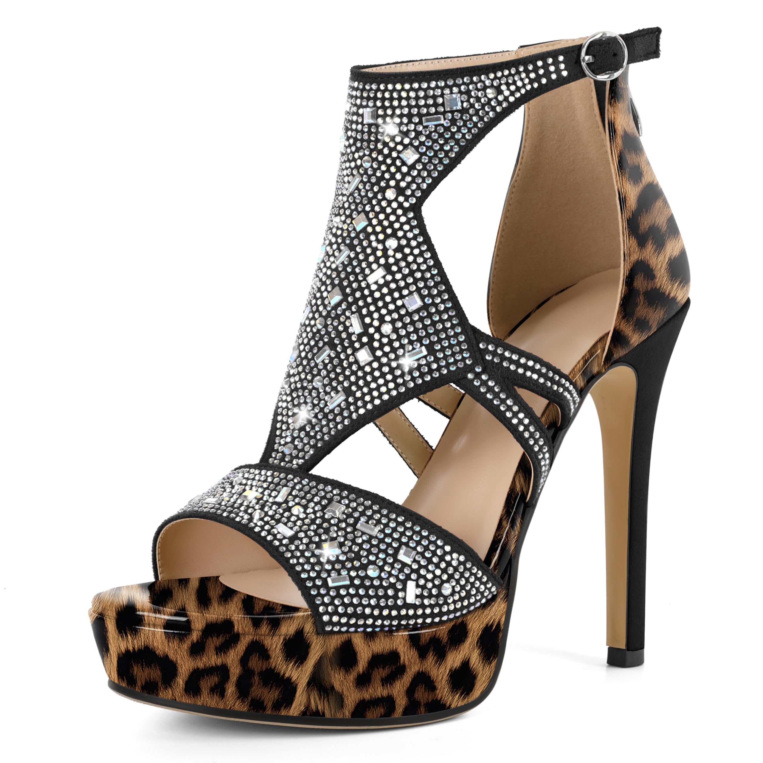 Eldof High Heeled Sandals for Women, Open Toe Strappy Platform Sandals, Cutout Gladiator Heels with Rinestones, Pumps Shoes for Dress Party Evening Summer