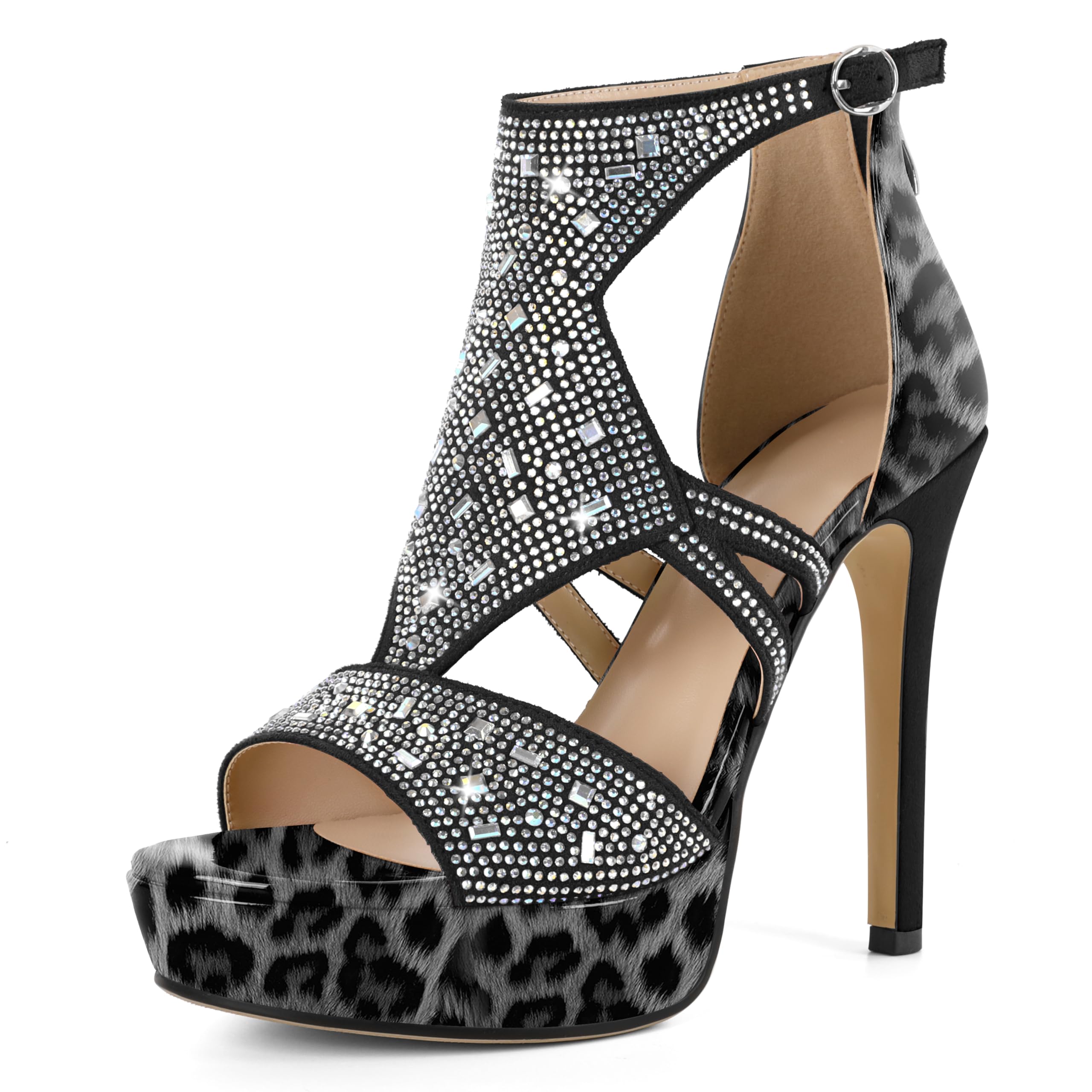 Eldof High Heeled Sandals for Women, Open Toe Strappy Platform Sandals, Cutout Gladiator Heels with Rinestones, Pumps Shoes for Dress Party Evening Summer