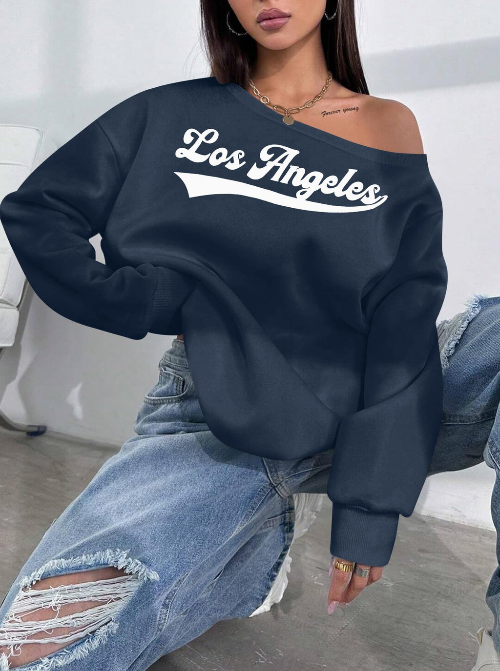 FASHGL Women's Off The Shoulder Sweatshirts Tops Oversized Sweatshirt Streetwear Y2K Jersey Number Graphic Long Sleeve