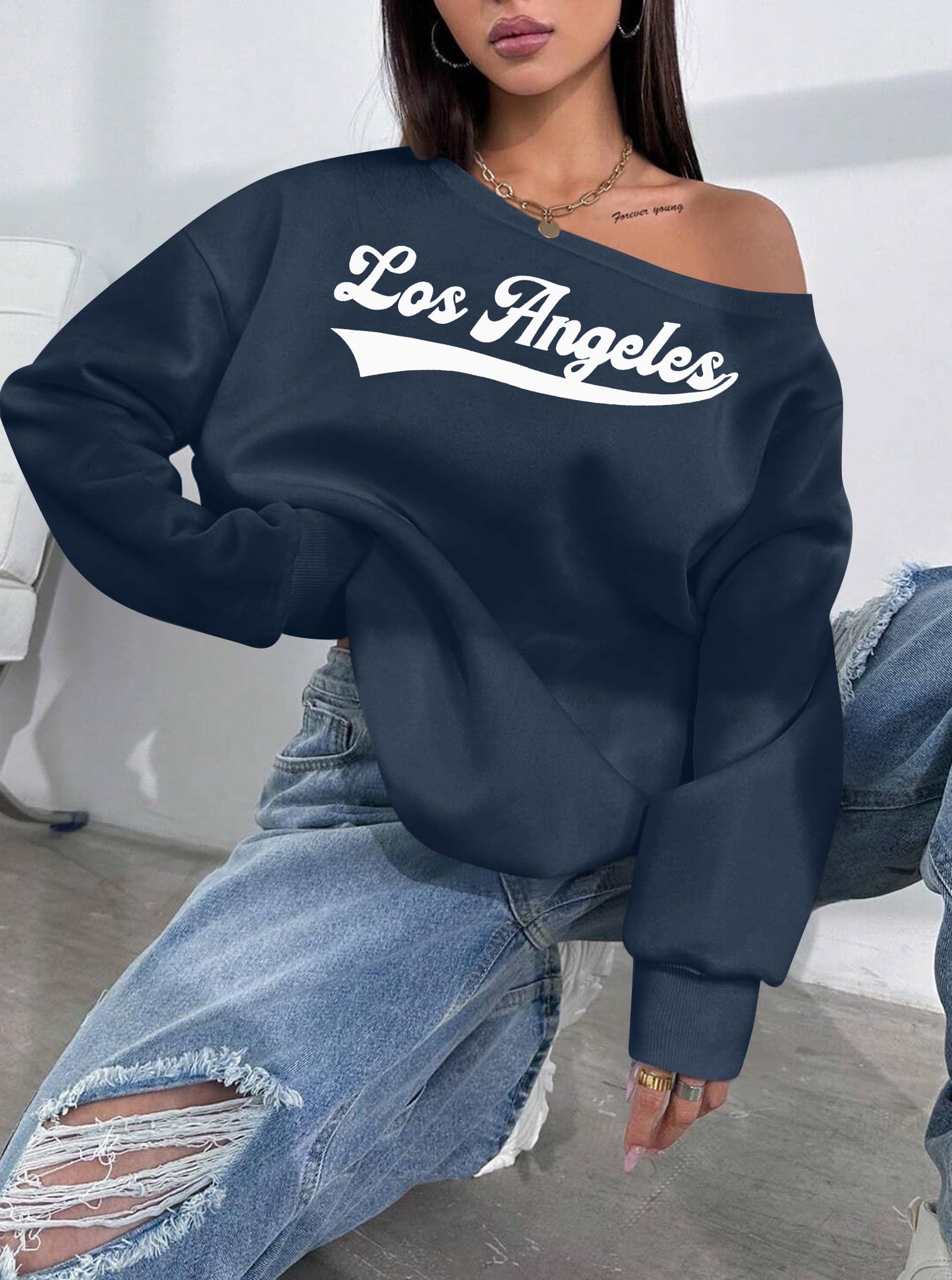 FASHGL Women's Off The Shoulder Sweatshirts Tops Oversized Sweatshirt Streetwear Y2K Jersey Number Graphic Long Sleeve