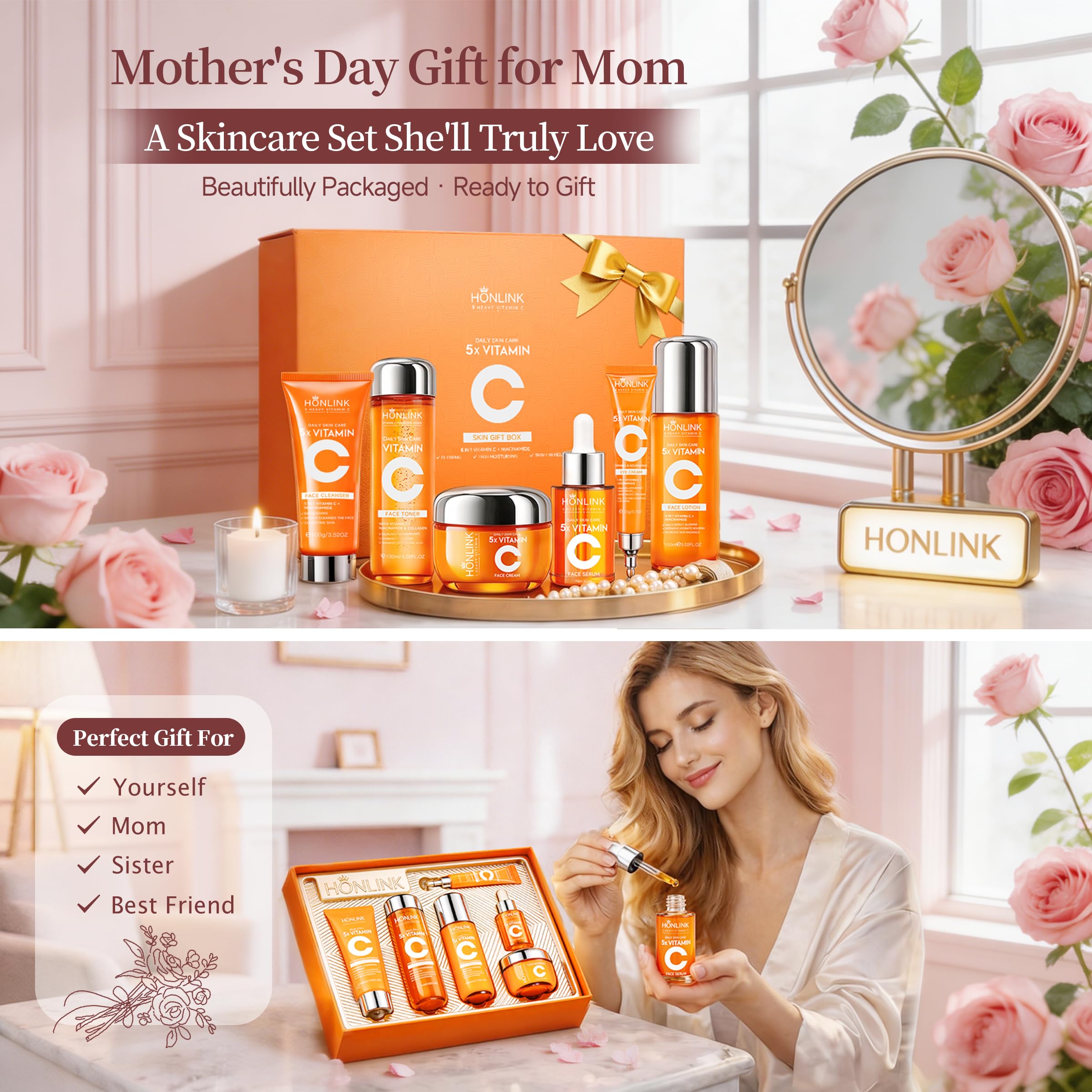 SADOER 6-Piece Hydrating Skincare Set with Vitamin C & Niacinamide – Daily Face Care Kit Includes Toner, Serum, Cleanser,Moisturizer, Eye Cream & Body Lotion | All Skin Types