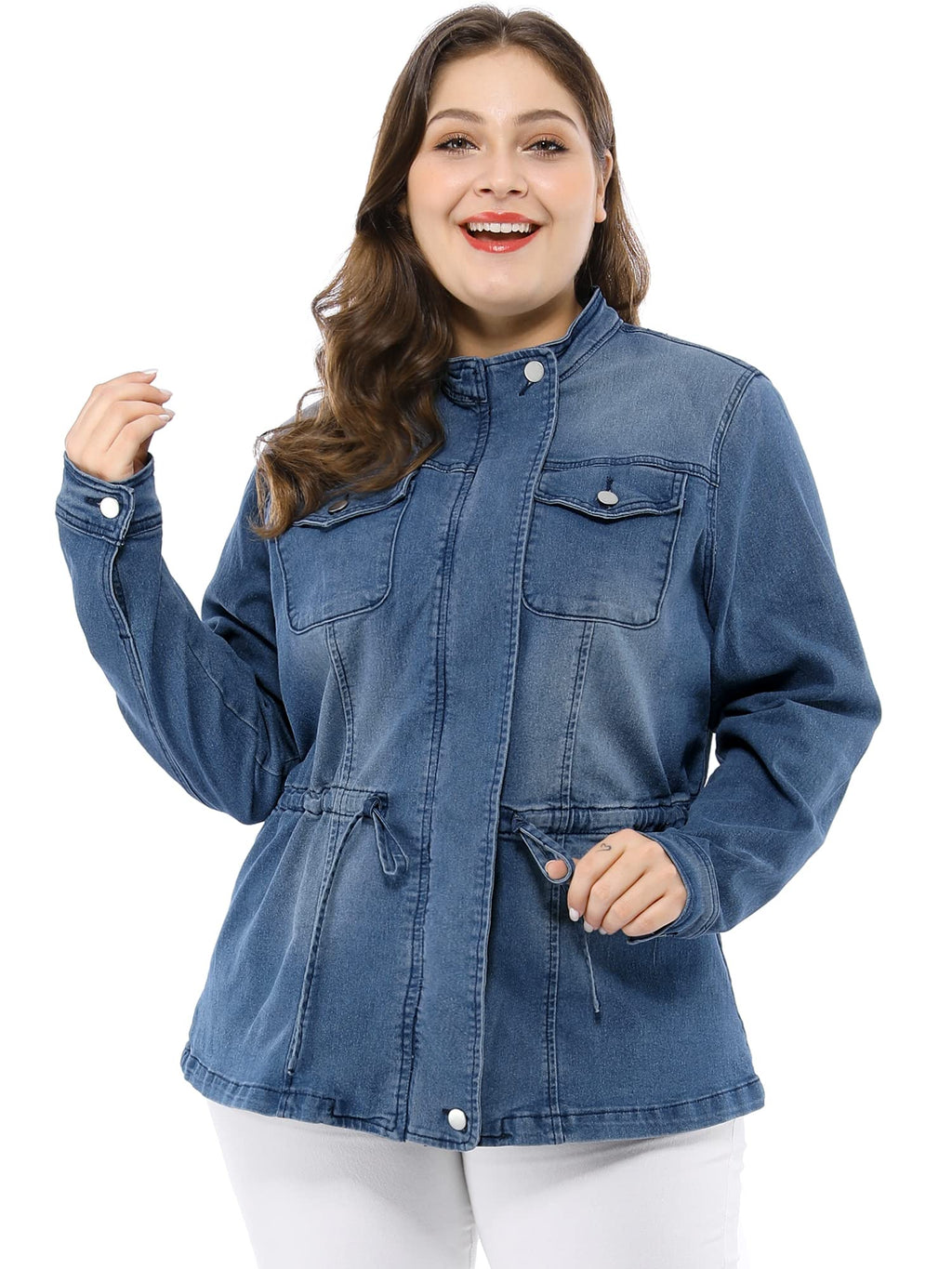 Agnes Orinda Women's Plus Size Denim Jacket Stretch Stand Collar Zip Drawstring Jean Jackets 2024