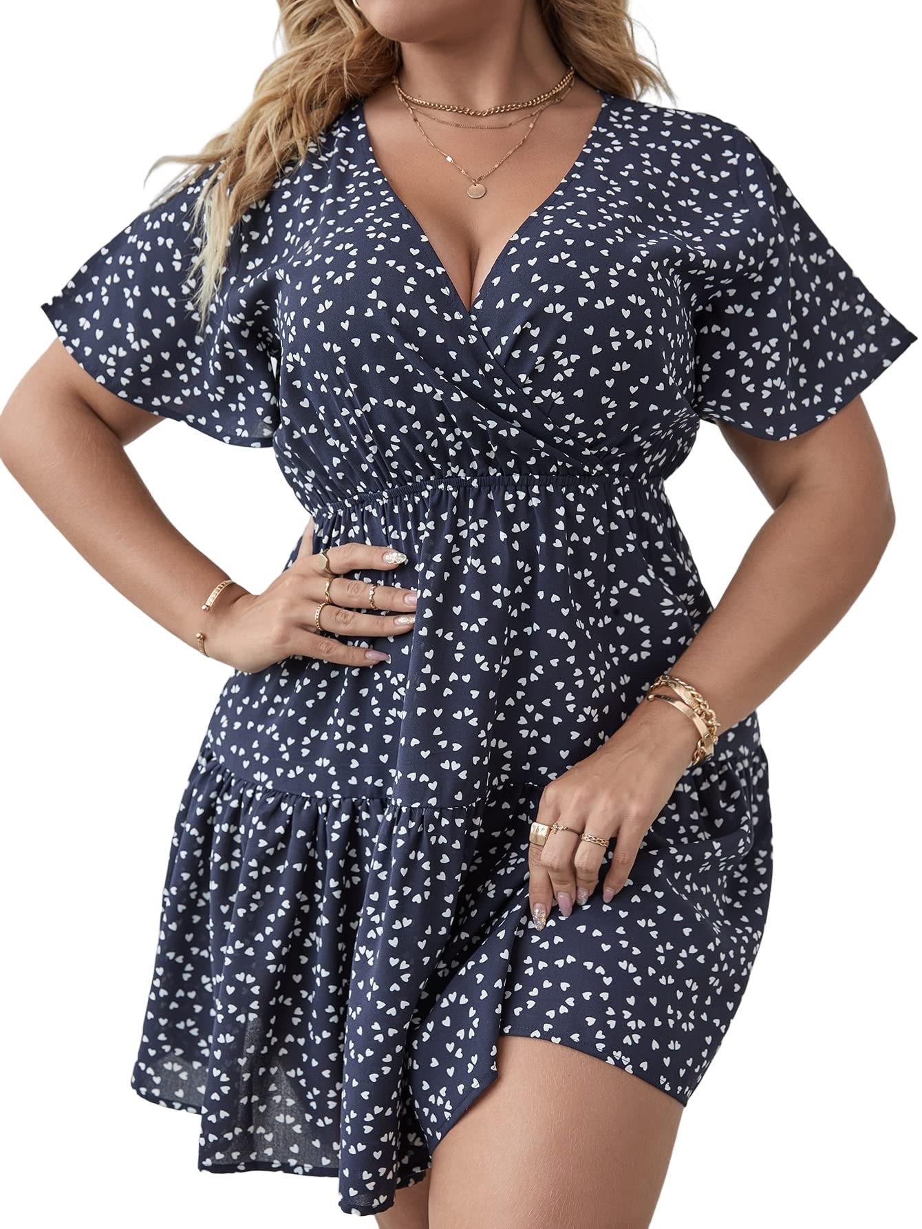 Floerns Women's Plus Size Summer Vacation Wrap V Neck Short Sleeve Ruffle Hem A Line Hawaiian Short Dress