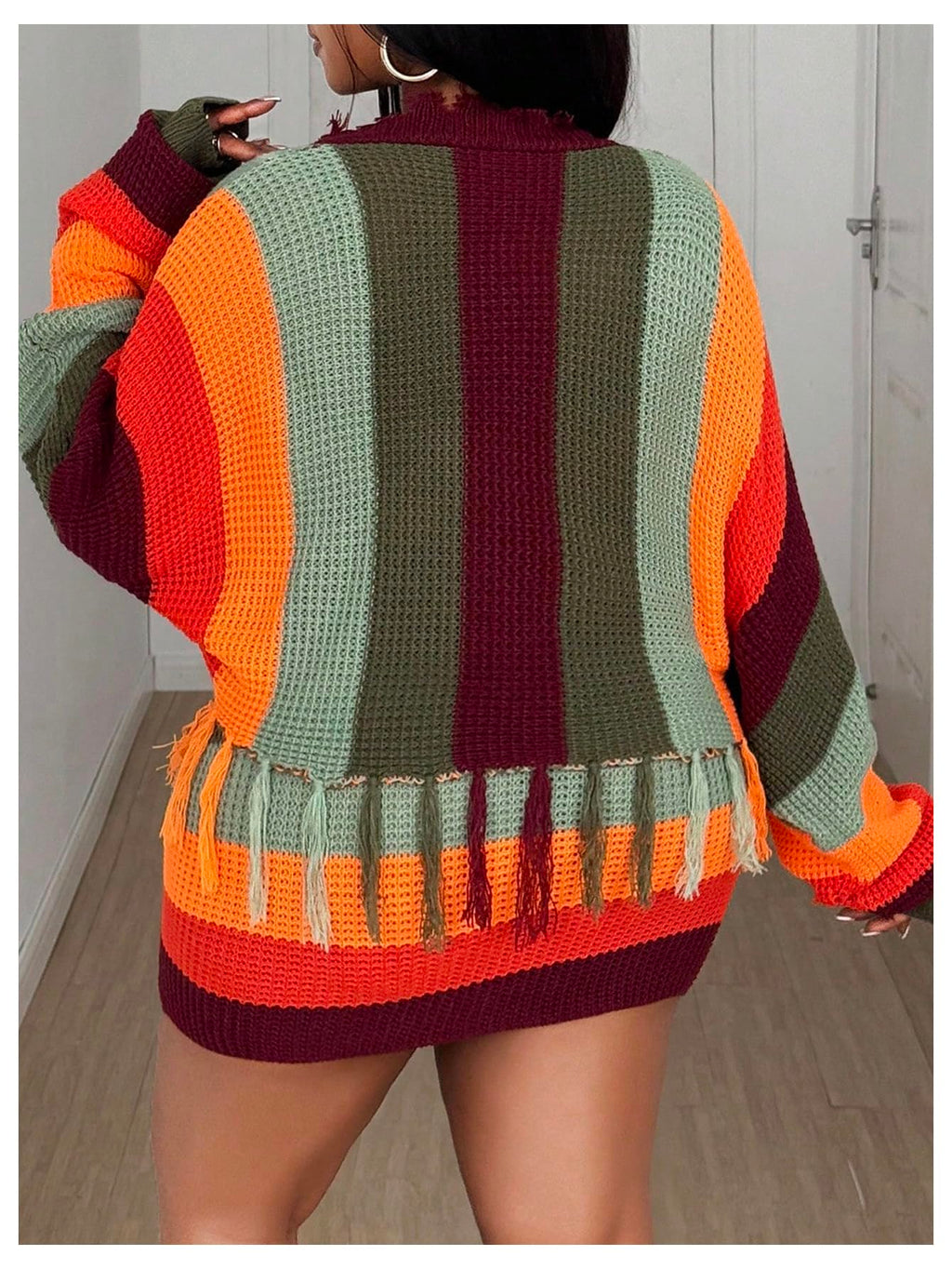 WDIRARA Women's Plus Size 2 Piece Outfits Colorblock Striped Open Front Fringe Cardigan Bodycon Mini Skirt Set