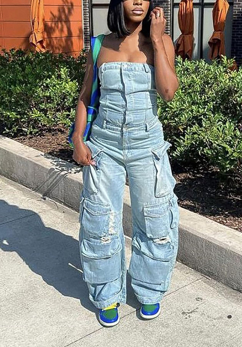 LKOUS Casual Cargo Denim Jumpsuit for Women, Elastic Stretch Multi Pockets Button Down Straight Leg Jeans Jumpsuits