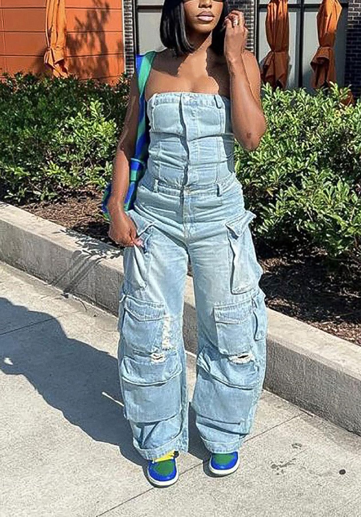 LKOUS Casual Cargo Denim Jumpsuit for Women, Elastic Stretch Multi Pockets Button Down Straight Leg Jeans Jumpsuits