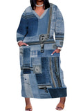 SUZONANA Womens Plus Size 3D Denim-Print Fashion Maxi Dresses Casual Soft Tshirt Dress