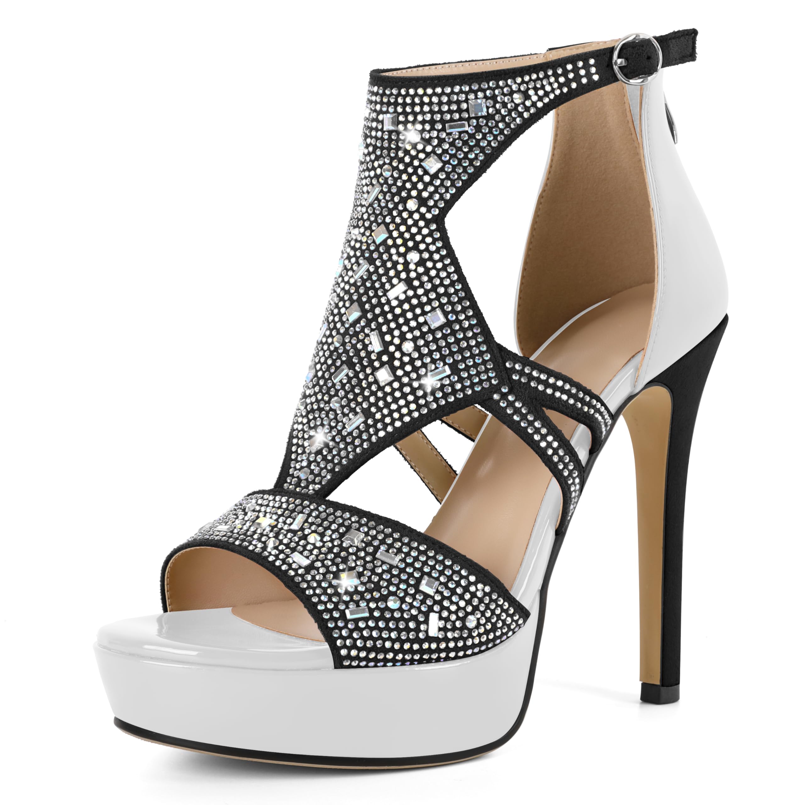 Eldof High Heeled Sandals for Women, Open Toe Strappy Platform Sandals, Cutout Gladiator Heels with Rinestones, Pumps Shoes for Dress Party Evening Summer