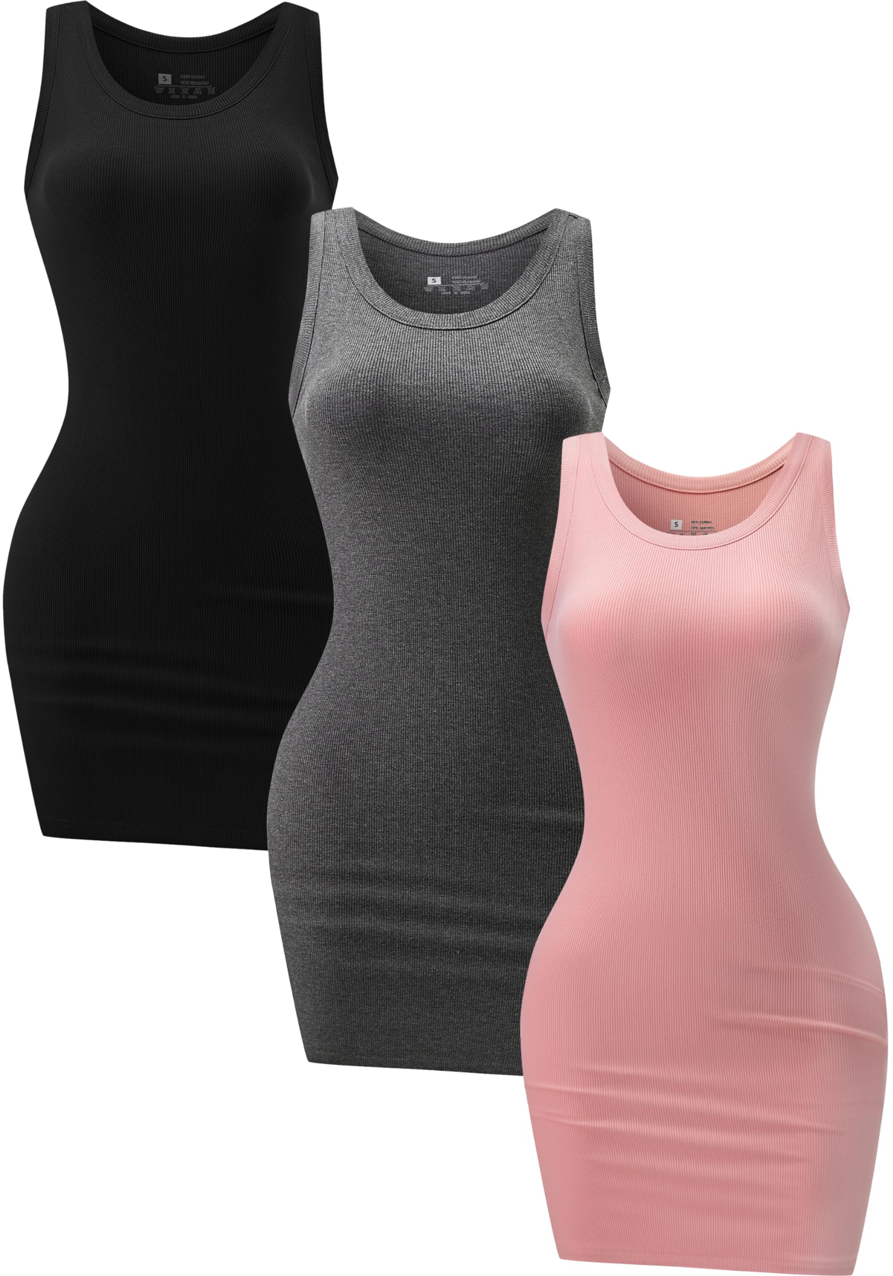 Chongbaijia 3 Pack Summer Dresses for Women 2026 Ribbed Crewneck Tank Top Dress Sleeveless Sundress Basic Bodycon Mini Dress
