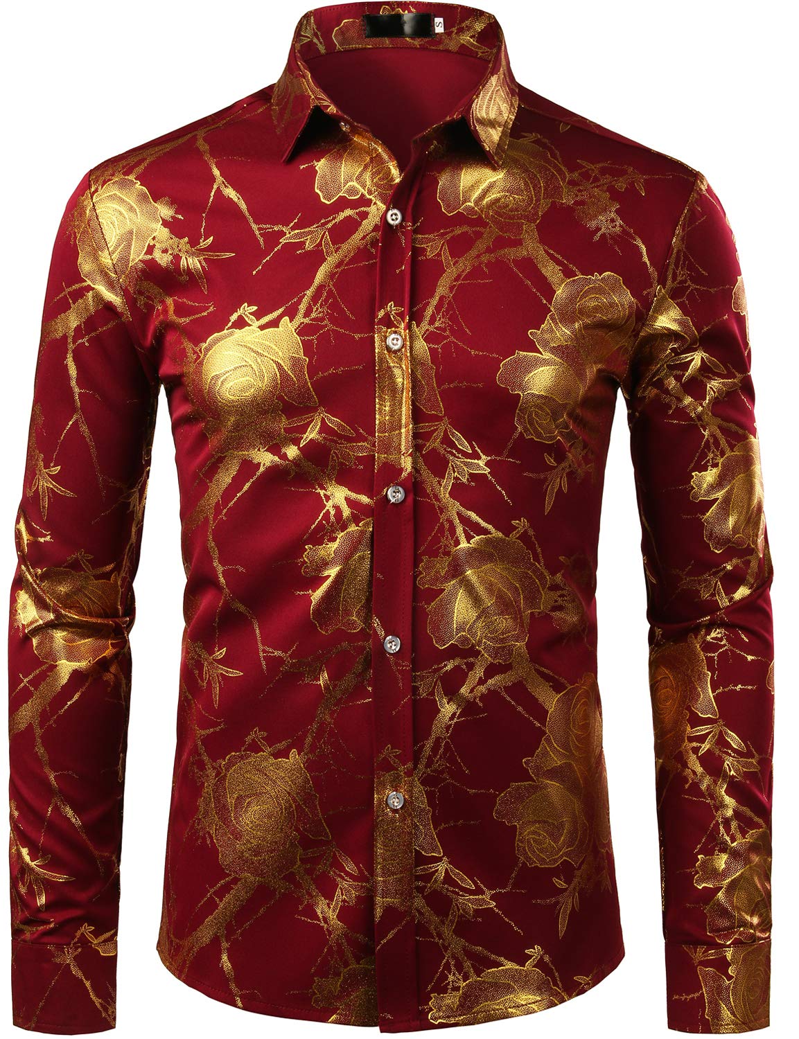 ZEROYAA Mens Hipster 3D Golden Rose Floral Printed Slim Fit Long Sleeve Button Down Dress Shirts