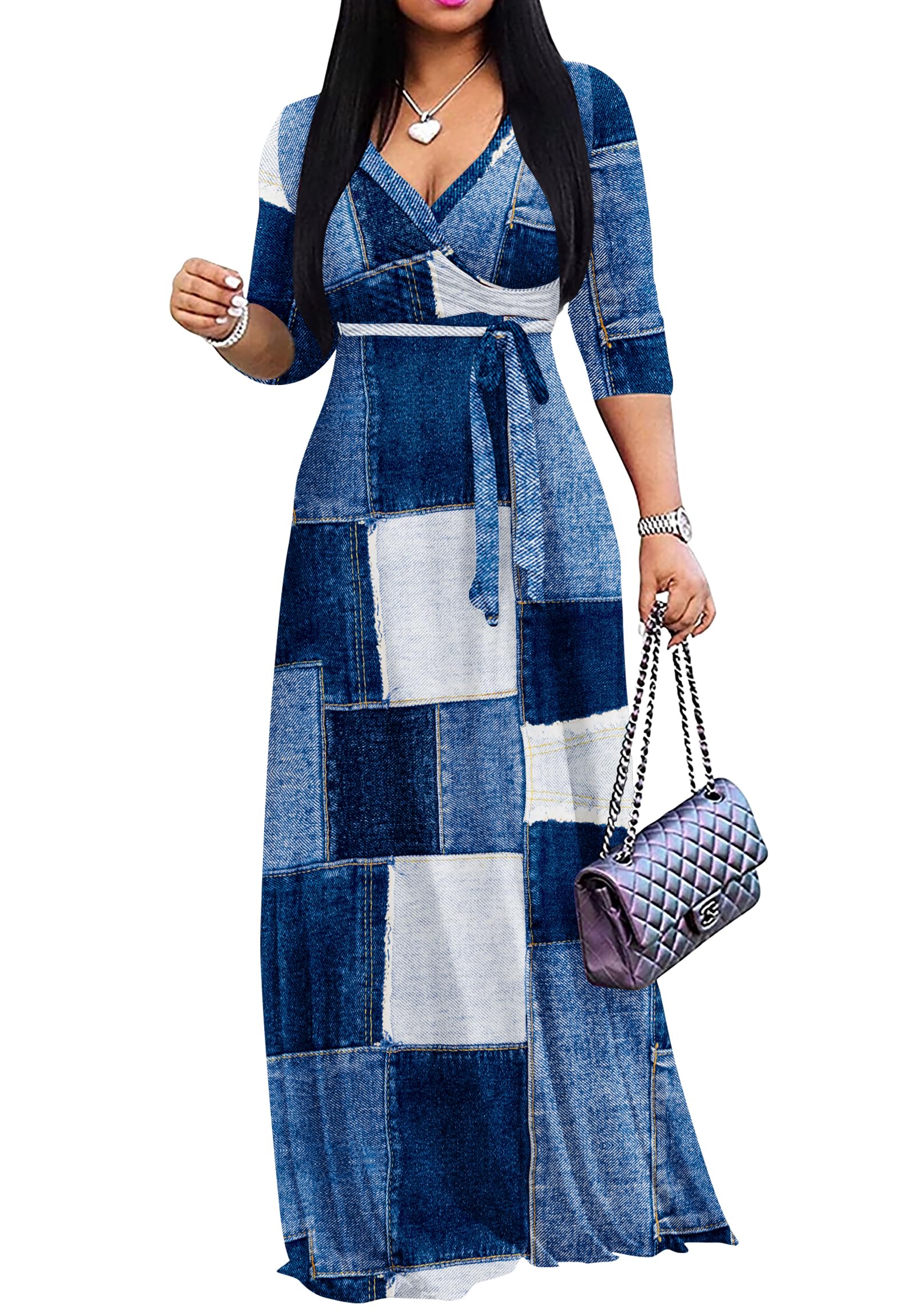 FANDEE Plus Size Maxi Dress for Women Casual Summer Sundress V-Neck 3/4 Sleeve