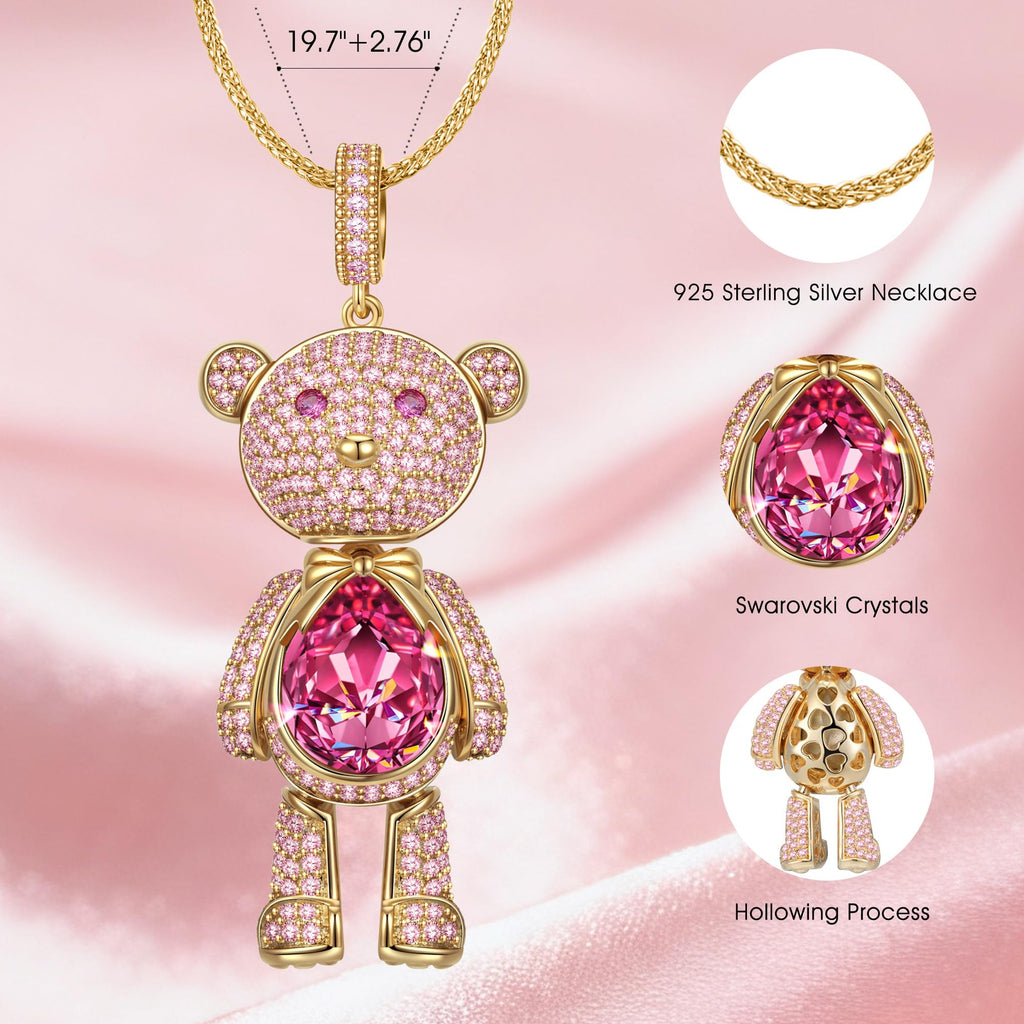 Swarovski Crystal Teddy Bear Necklace, White Gold Plated, Playful Movable Design, Sweet Warmth & Love Symbol Jewelry Gift for Women Teens Girls, Gift-Ready Packaging
