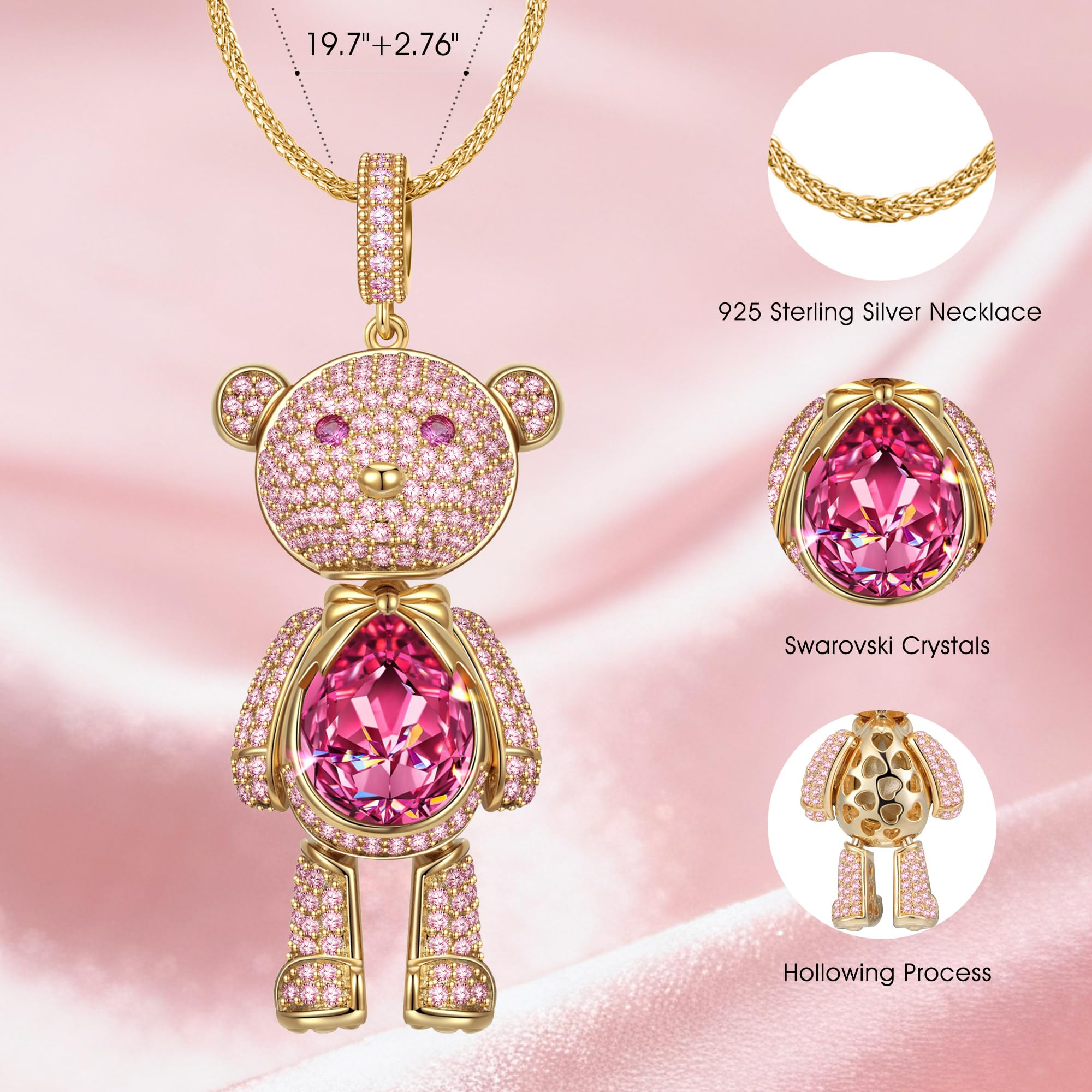 Swarovski Crystal Teddy Bear Necklace, White Gold Plated, Playful Movable Design, Sweet Warmth & Love Symbol Jewelry Gift for Women Teens Girls, Gift-Ready Packaging