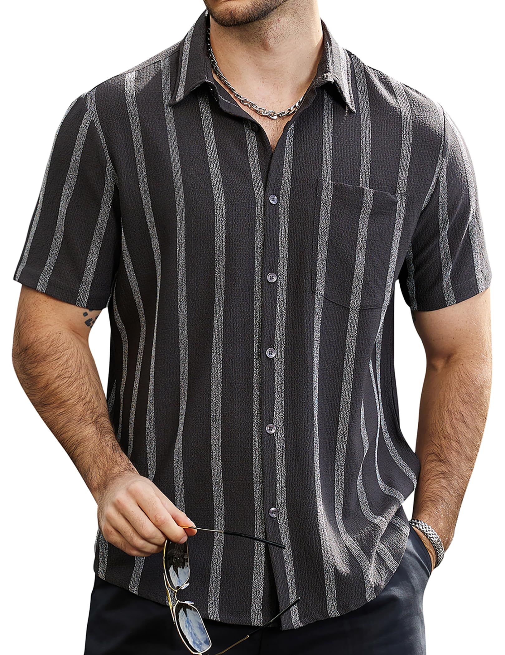 VATPAVE Mens Summer Striped Shirts Button Down Short Sleeve Vintage Beach Hawaiian Shirts with Pocket