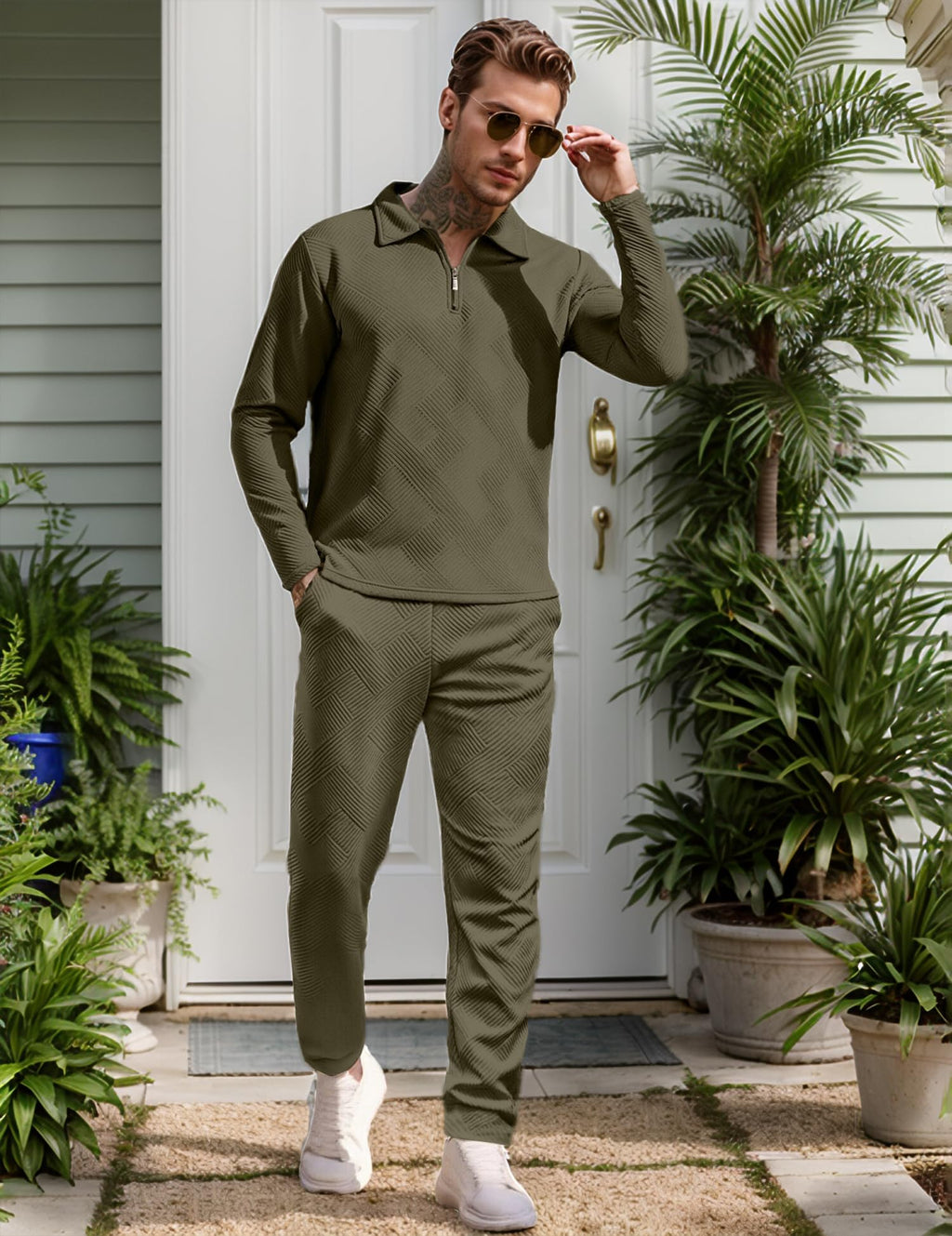 UOUA Mens 2 Piece Set Casual Outfits Polo Long Sleeve Shirt & Pants Tracksuit Loungewear Athletic Jogger Sweatsuit