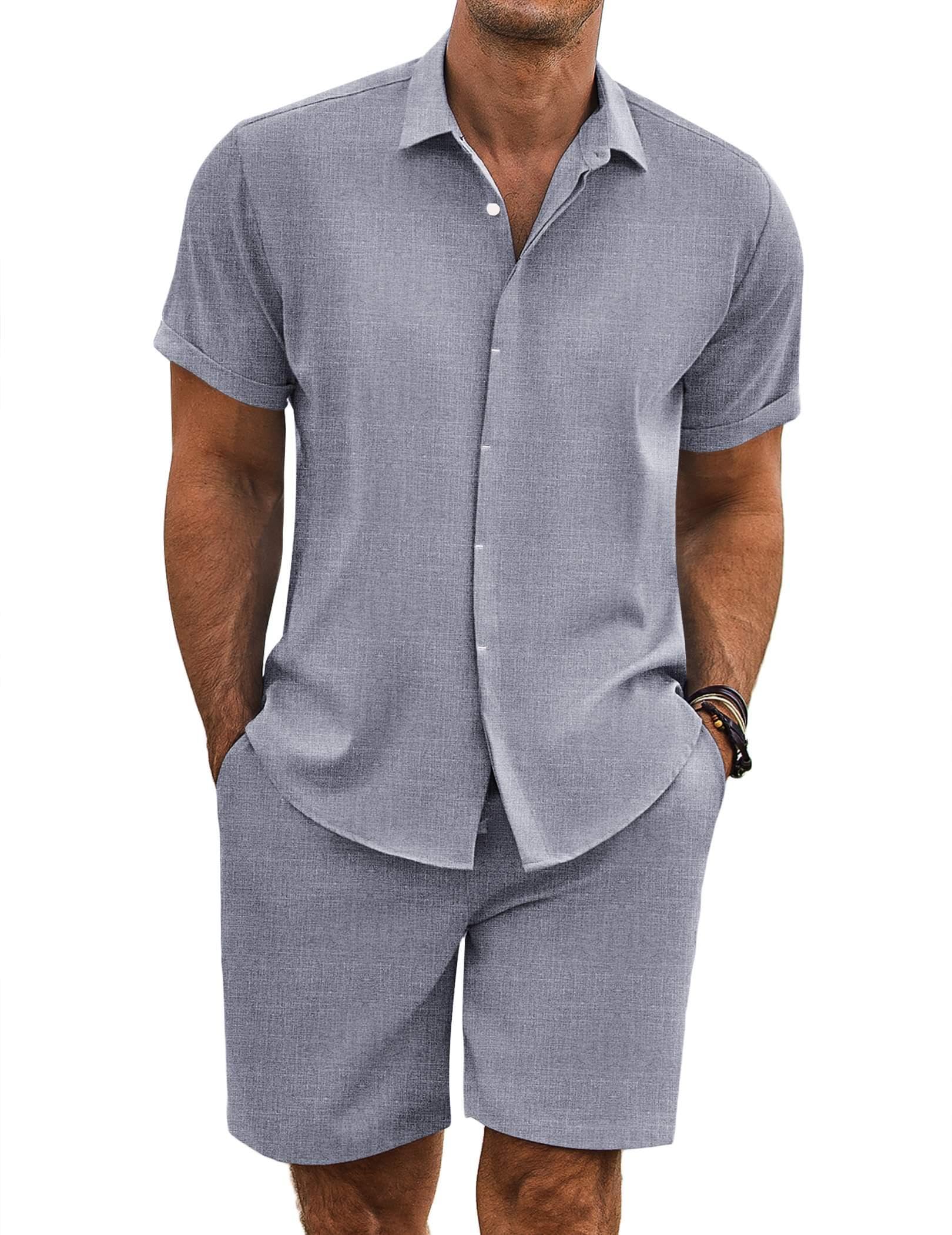 COOFANDY Men's Summer Beach Outfits 2 Piece Short Sleeve Shirts and Shorts Vacation Texture Linen Sets for Men