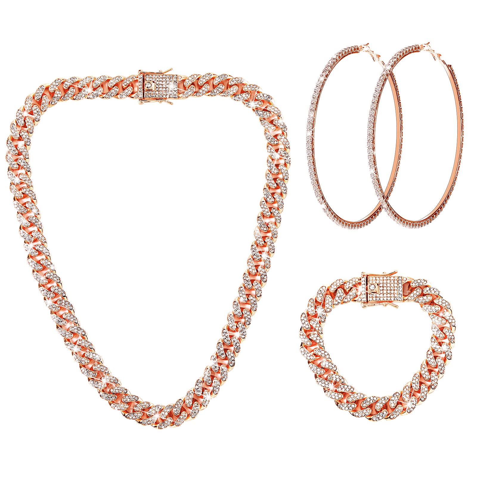 Batiyeer 3 Pcs Cuban Link Chain Necklace Bracelet Rhinestone Hoop Earrings Bling Crystal Hip Hop Jewelry for Women