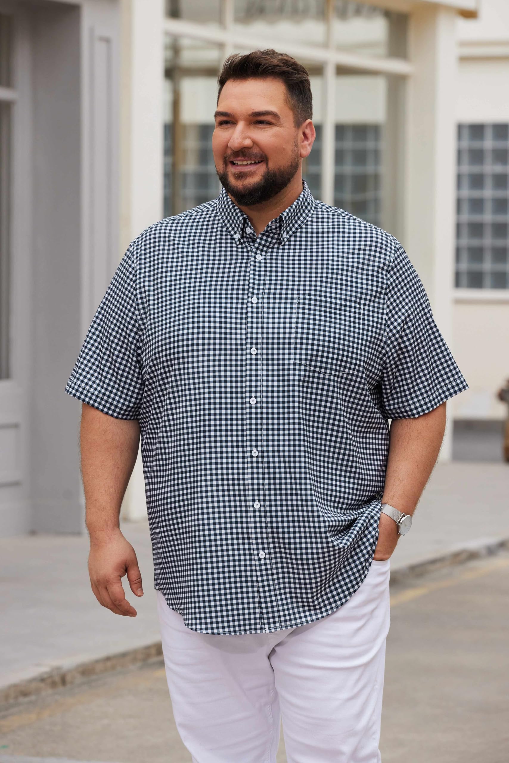COOFANDY Mens Big and Tall Shirts Short Sleeve Casual Button Down Plaid Shirt Wrinkle Free Dress Shirt with Pocket