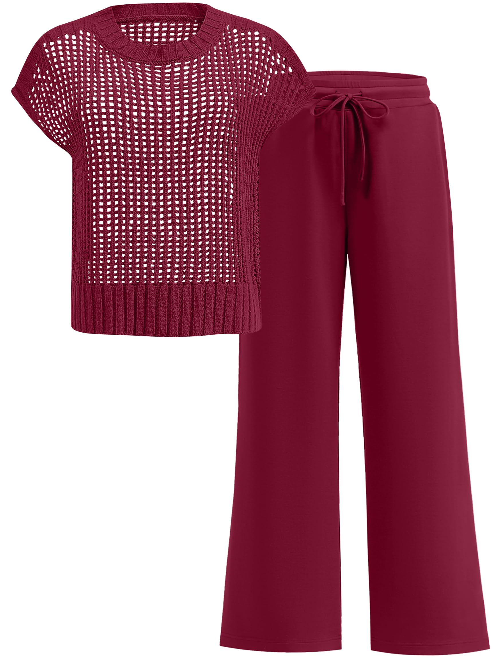 ANRABESS Women Two Piece Outfits Crochet Sheer Knit Sweater Top Wide Leg Pants Lounge Matching Sets Sweatsuit Travel Clothes