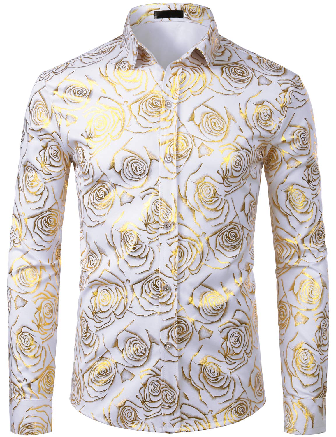 ZEROYAA Mens Hipster Rose Printed Slim Fit Long Sleeve Dress Shirts Prom Performing Shirts