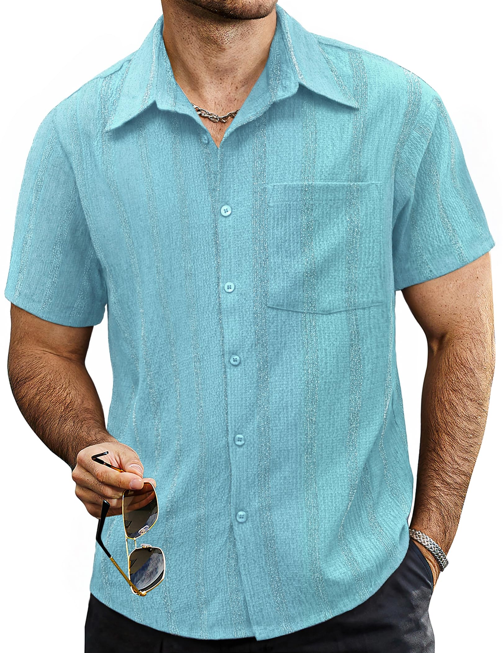 VATPAVE Mens Summer Striped Shirts Button Down Short Sleeve Vintage Beach Hawaiian Shirts with Pocket