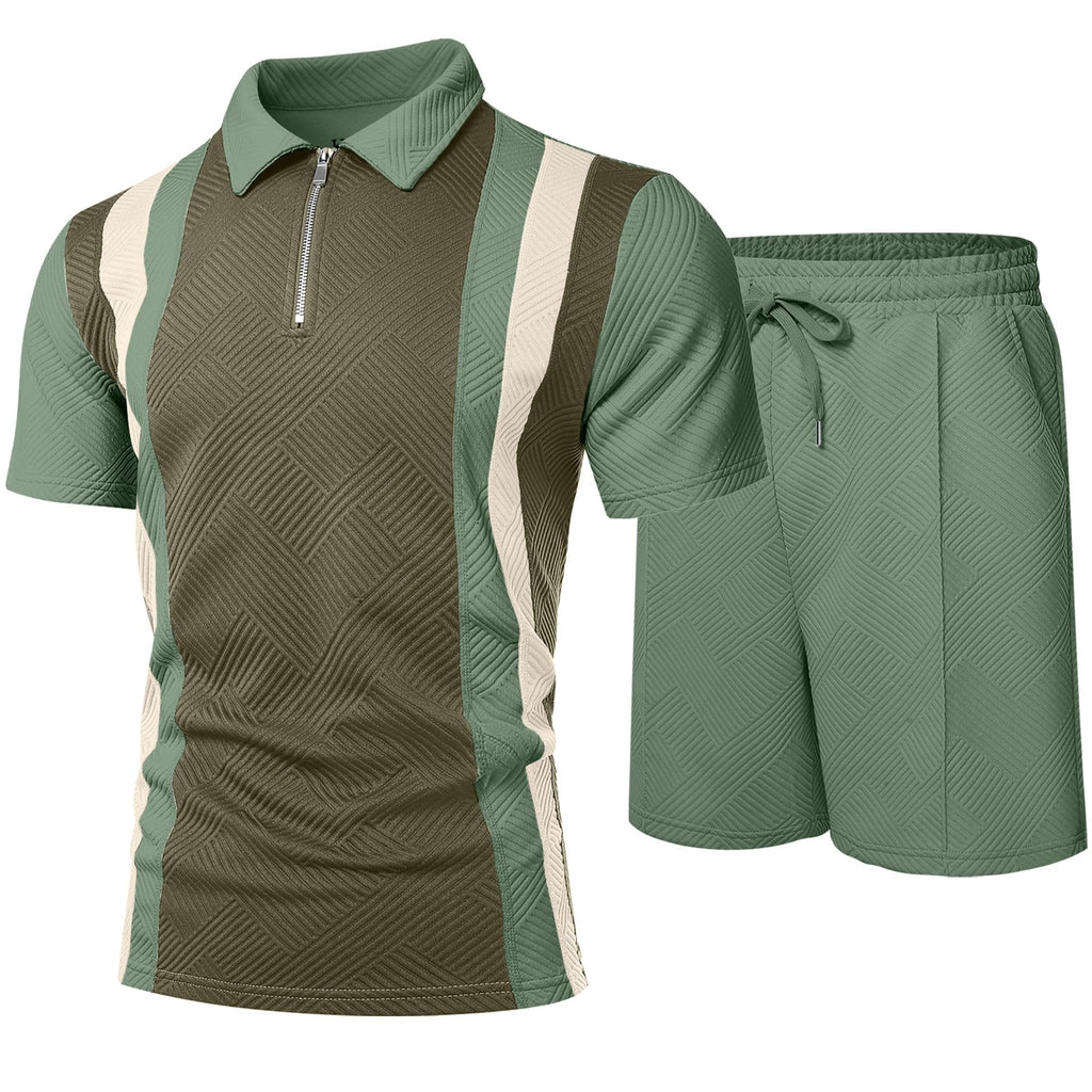 UOUA Mens Summer Track Suits 2 Piece Shorts Sets Short Sleeve Sweatsuit Outfits 1/4 Zip Golf Polo Splicing Striped Shirts