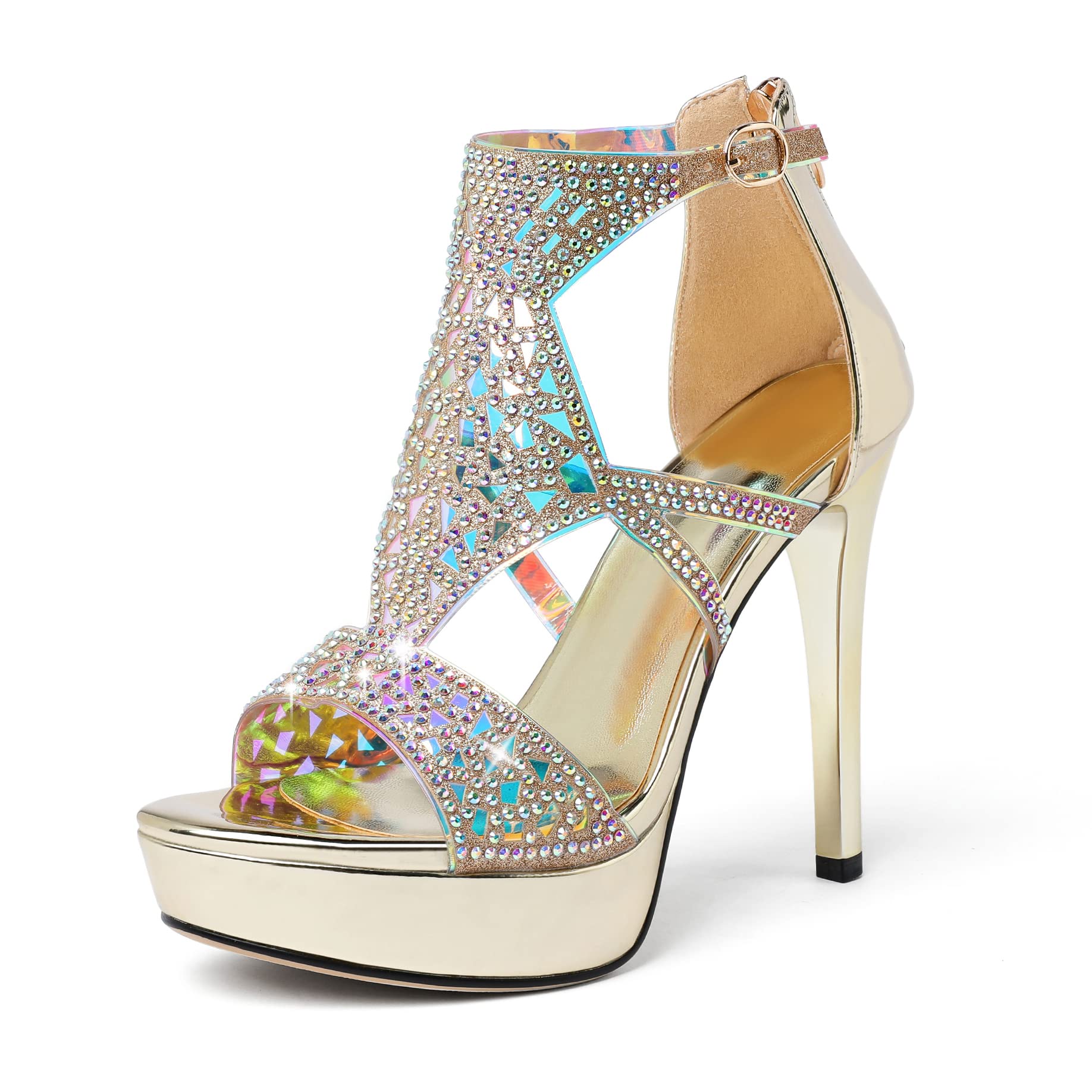 Eldof High Heeled Sandals for Women, Open Toe Strappy Platform Sandals, Cutout Gladiator Heels with Rinestones, Pumps Shoes for Dress Party Evening Summer