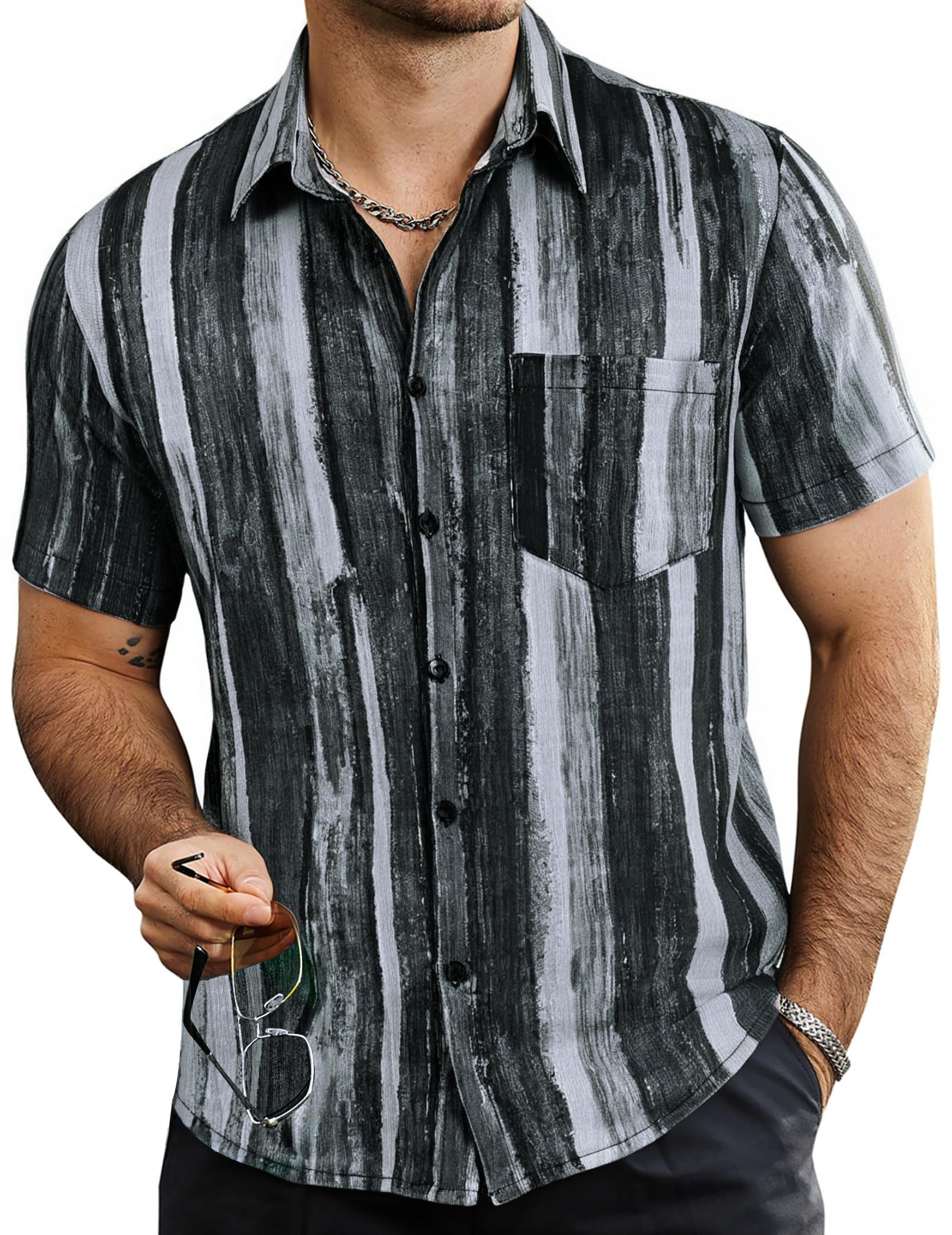 VATPAVE Mens Summer Striped Shirts Button Down Short Sleeve Vintage Beach Hawaiian Shirts with Pocket