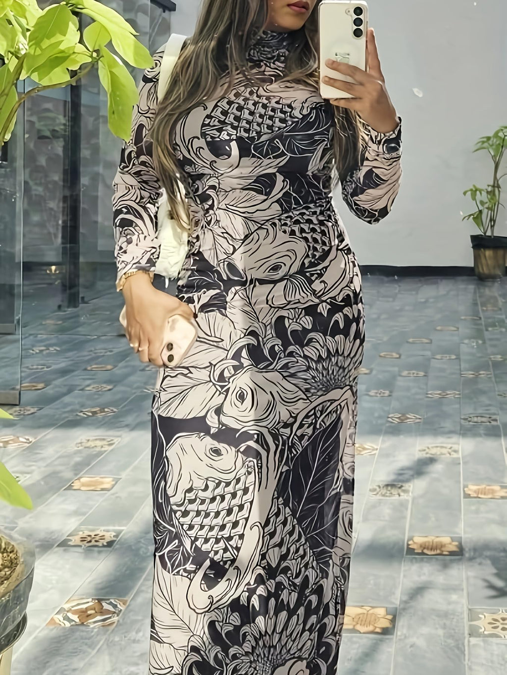 Spring Colorblock Party Clubwear Street Slim Fit Long Dress High Neck Mesh Long Sleeve Printed Sheer Dress