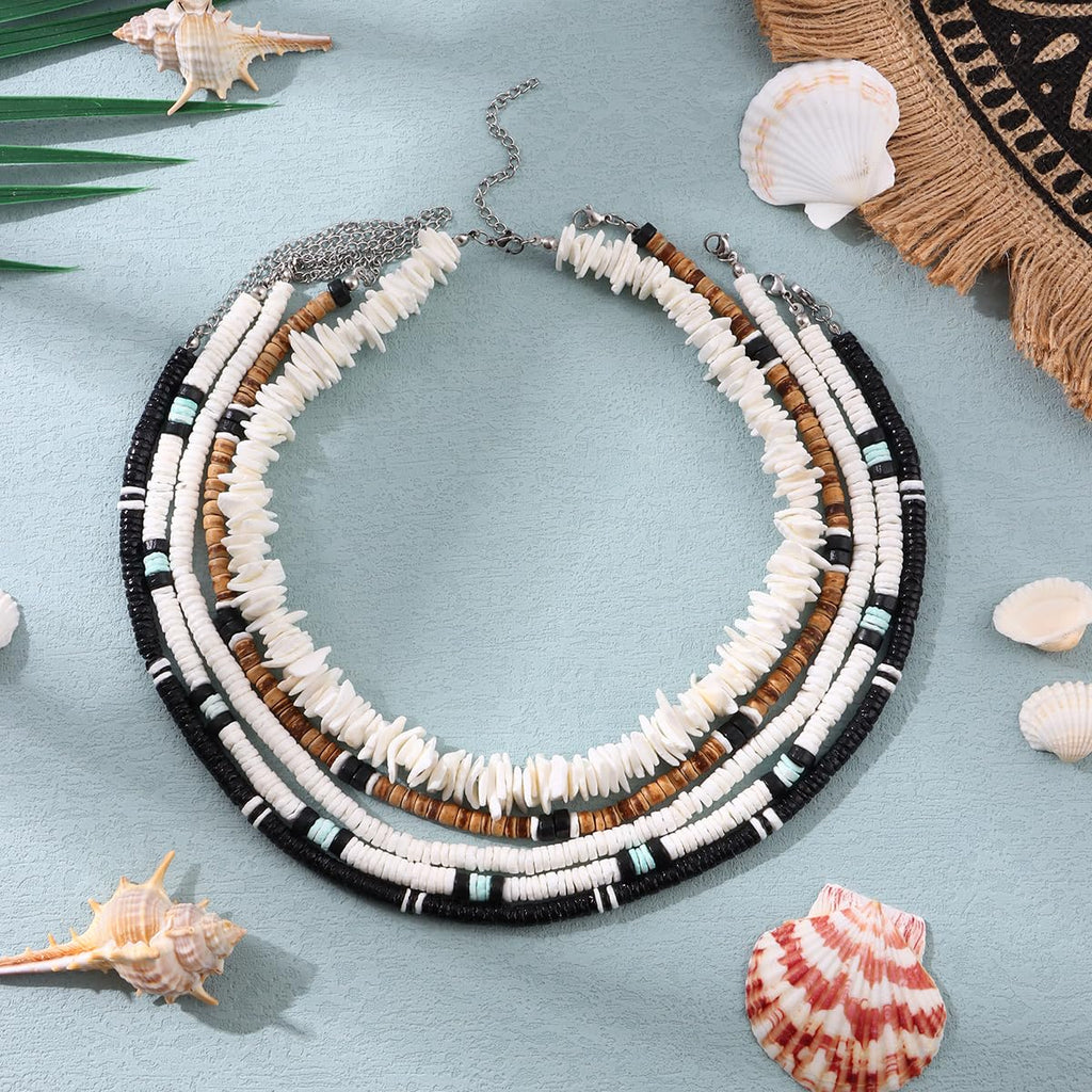 FIRAZIO 5pcs Puka Shell Necklace - Summer Beach Surfer & Hawaiian Necklace for Men & Women - White Beach Jewelry