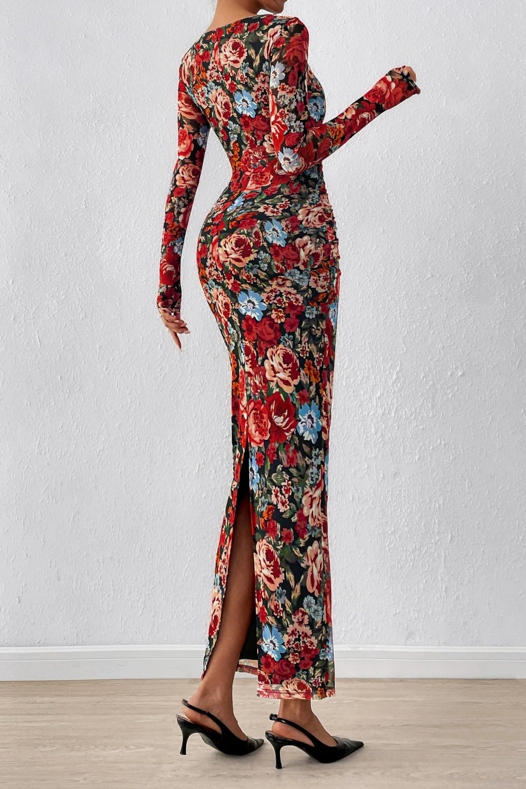 PRETTYGARDEN Women's Long Sleeve Bodycon Dresses 2026 Spring Sexy Floral Mesh Slit Ruched Tight Maxi Wedding Guest Dress